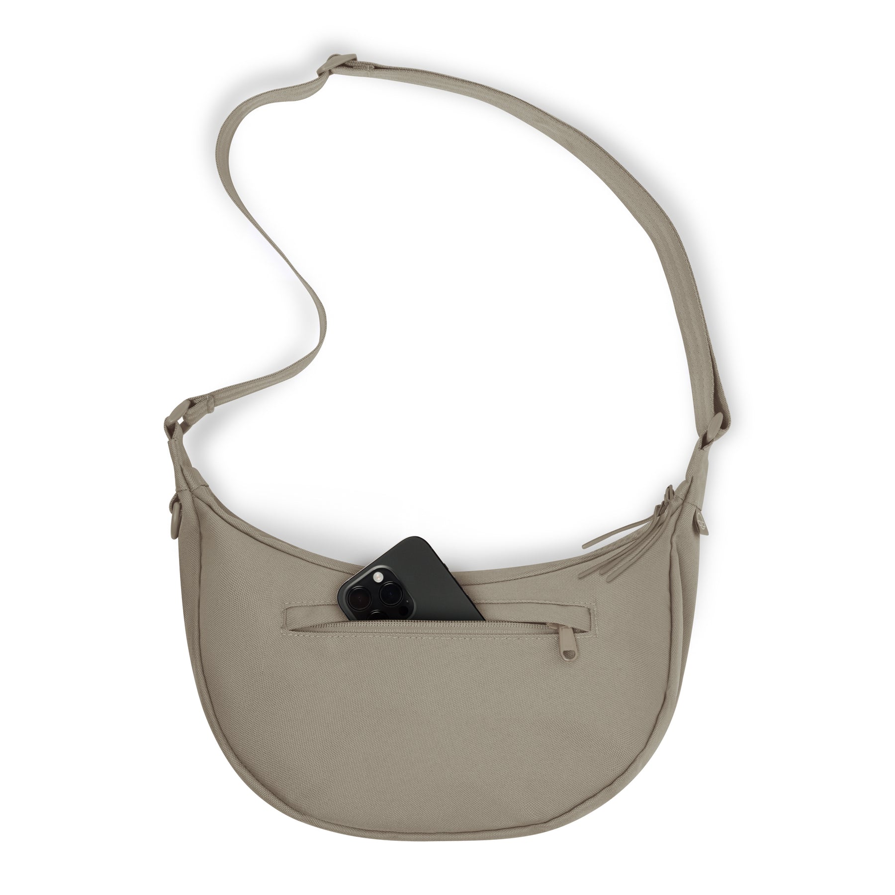 Halbmondtasche 'Ally Medium' in Beige mit verstellbarem Schultergurt und frontaler Reißverschlusstasche mit Handy