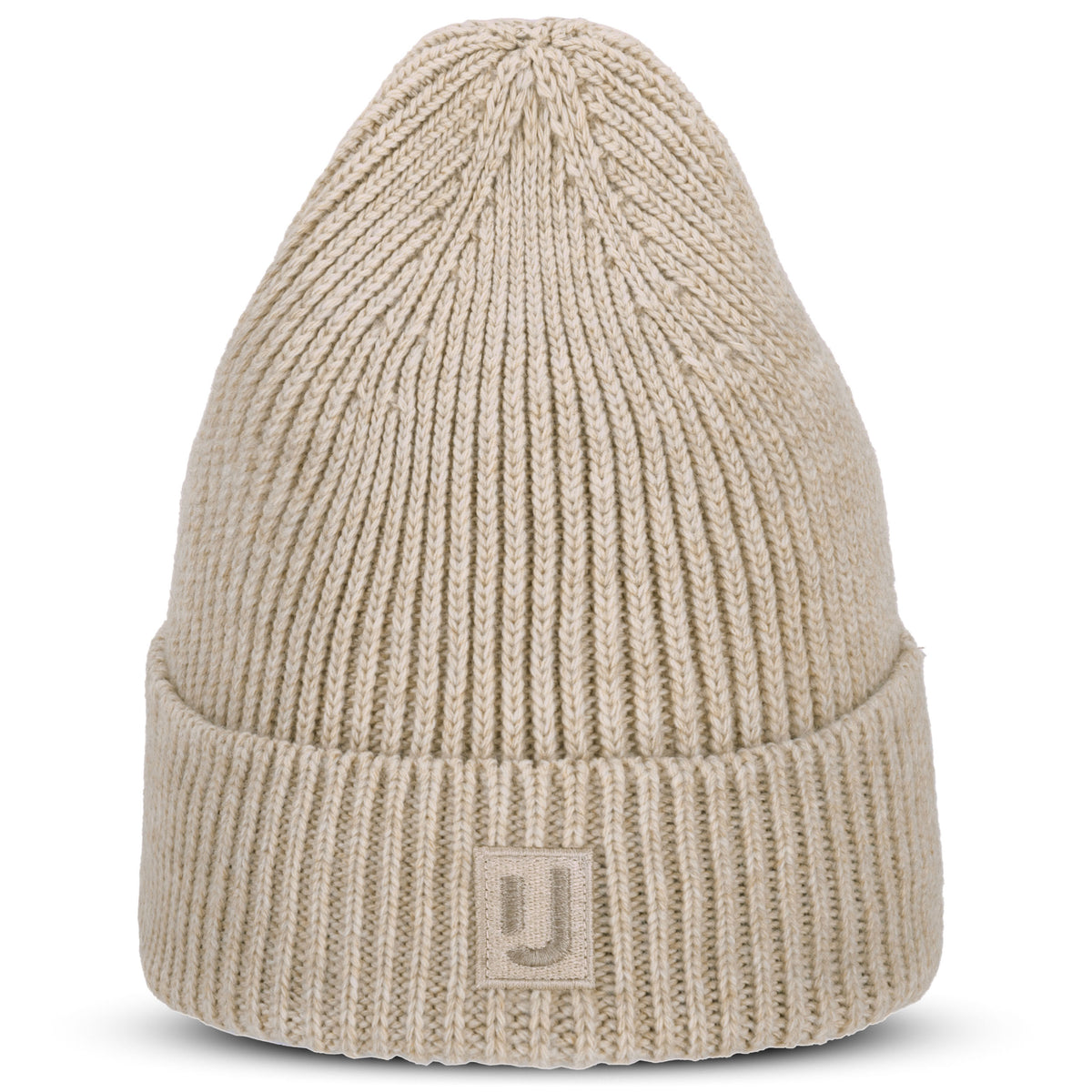 Beige Strickmütze 'Billie' von Johnny Urban mit Umschlag und Logo am Bund