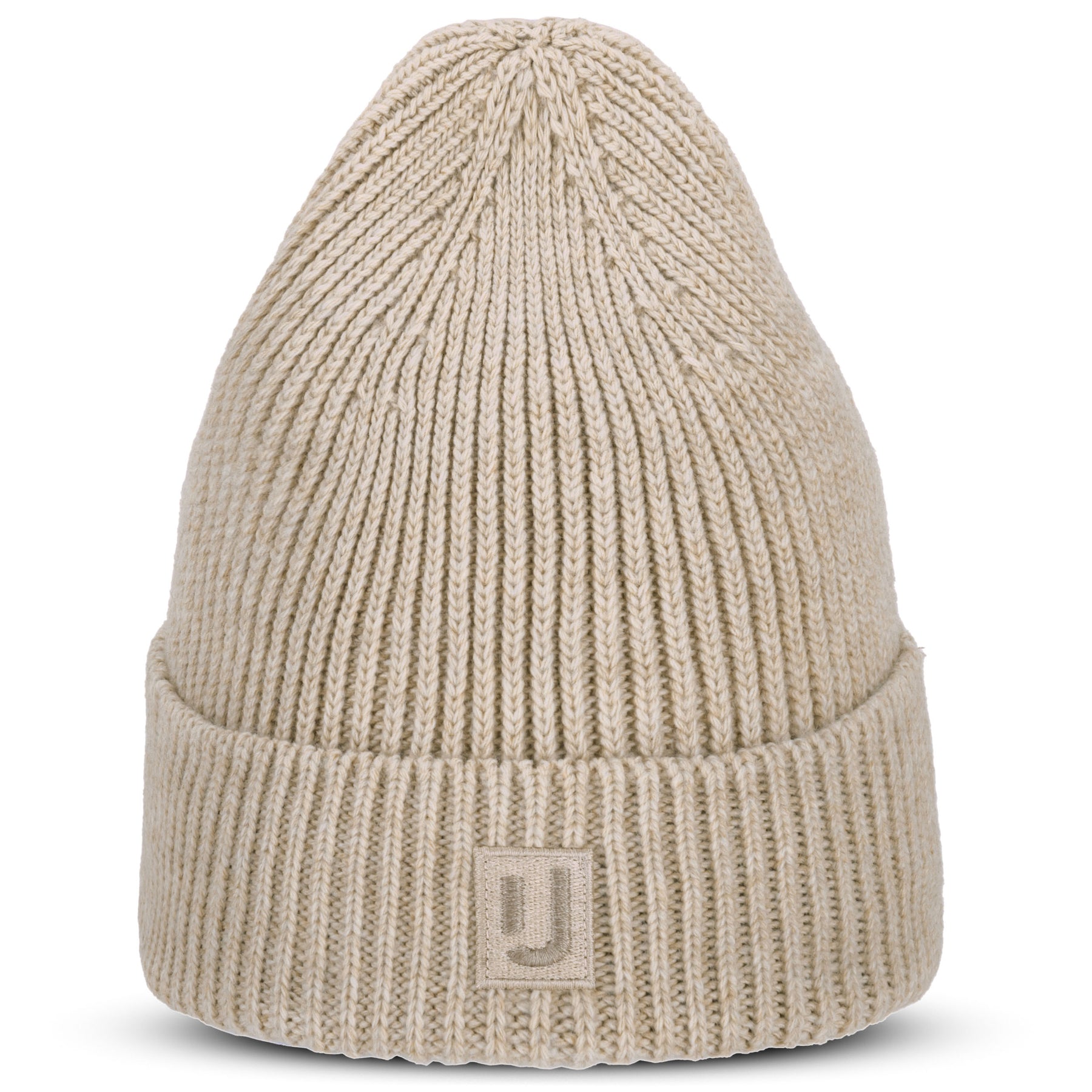 Beige Strickmütze 'Billie' von Johnny Urban mit Umschlag und Logo am Bund