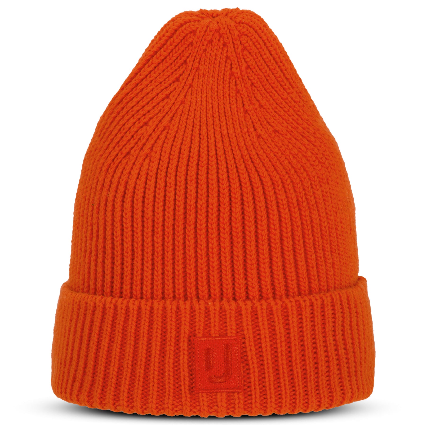 Coralrote gestrickte Mütze „Billie“ mit Umschlag und Johnny Urban Logo auf der Vorderseite