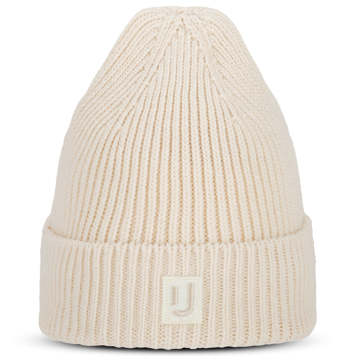 Cremefarbene Strickmütze 'Billie' von Johnny Urban mit gerolltem Saum und Logo vorne