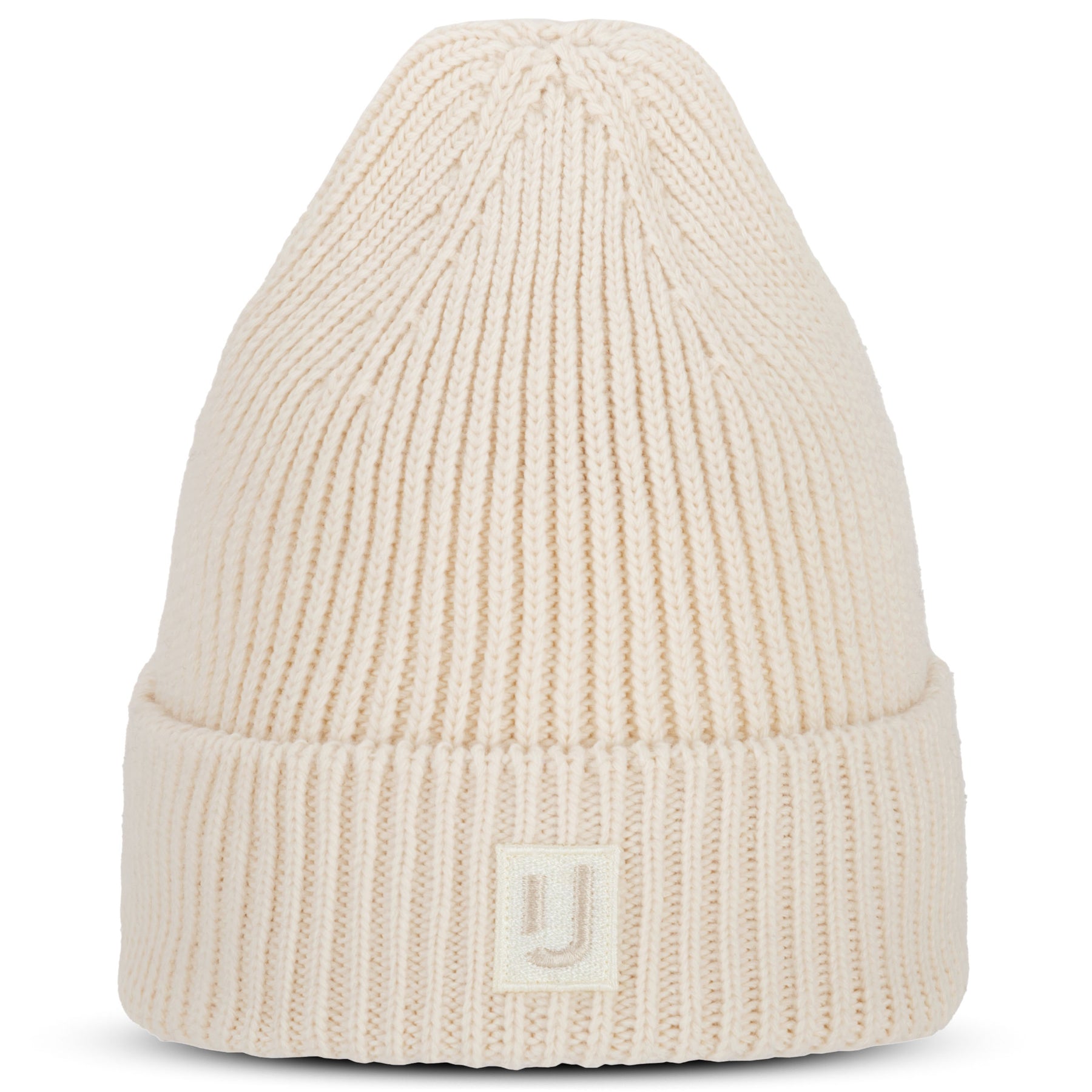 Cremefarbene Strickmütze 'Billie' von Johnny Urban mit gerolltem Saum und Logo vorne