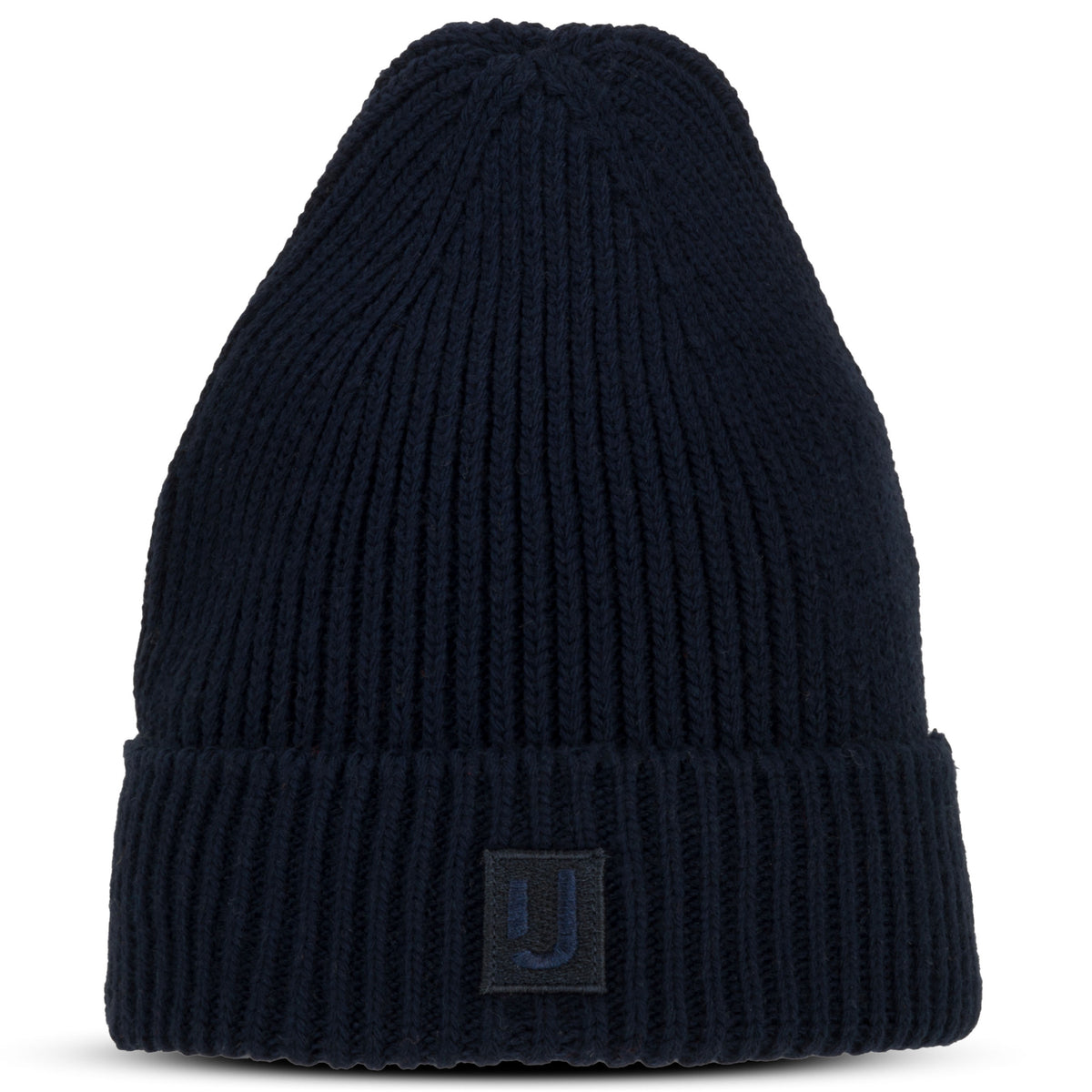 Dunkelblaue, gerippte Strickmütze 'Billie' von Johnny Urban mit Umschlag und kleinem Logo-Patch vorne