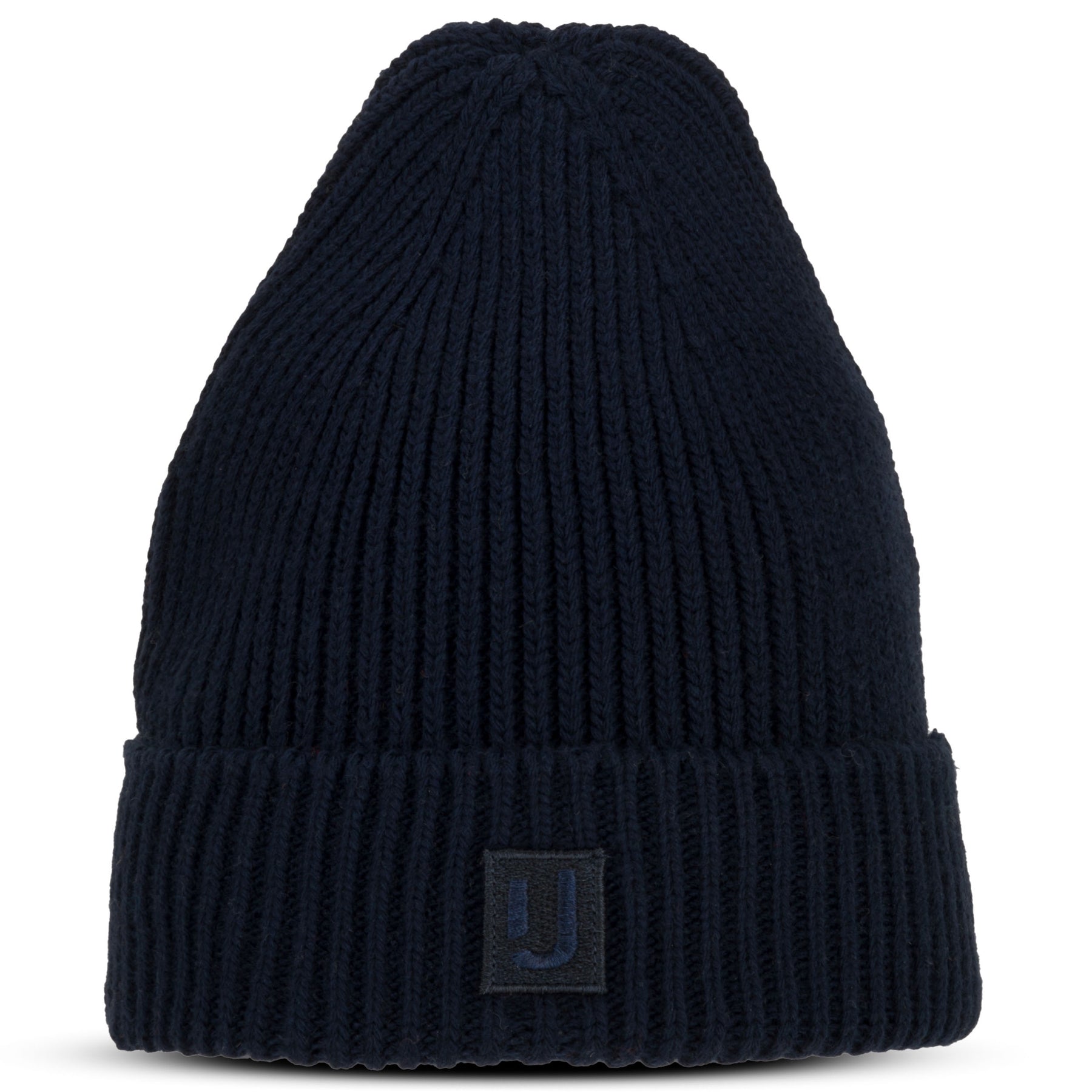 Dunkelblaue, gerippte Strickmütze 'Billie' von Johnny Urban mit Umschlag und kleinem Logo-Patch vorne