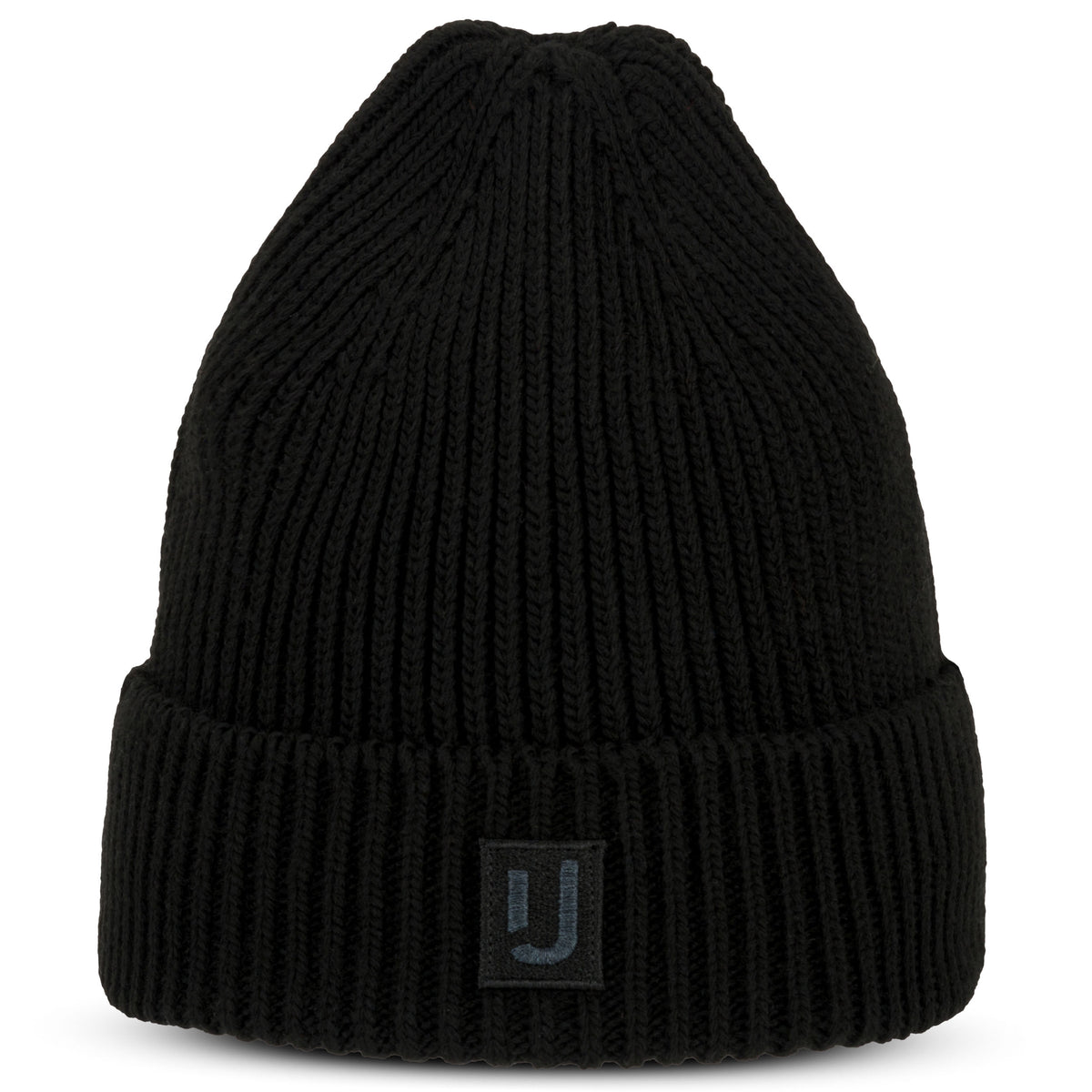 Schwarze gestrickte Mütze 'Billie' von Johnny Urban mit Umschlag und Logo-Patch