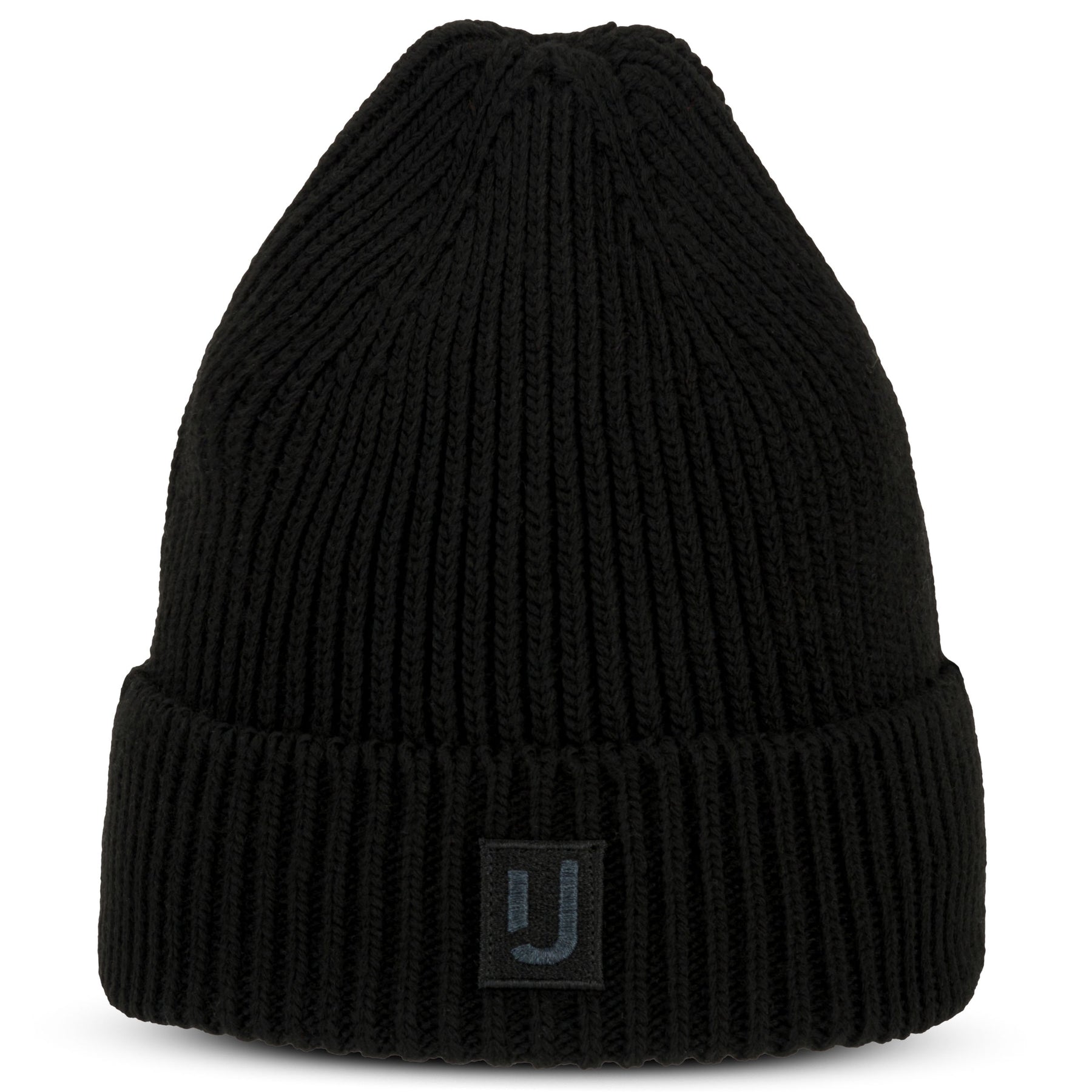Schwarze gestrickte Mütze 'Billie' von Johnny Urban mit Umschlag und Logo-Patch