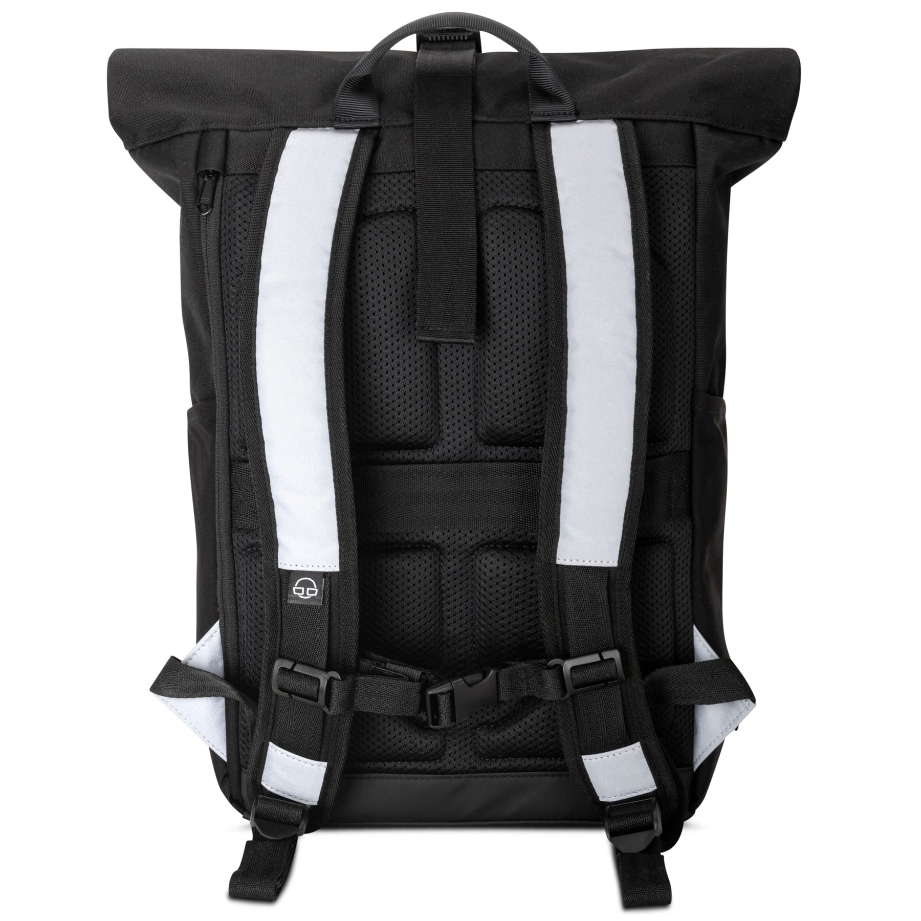 Schwarzer Rolltop Rucksack 'Allen Medium' mit reflektierenden Streifen auf den Schultergurten und gepolstertem Rücken