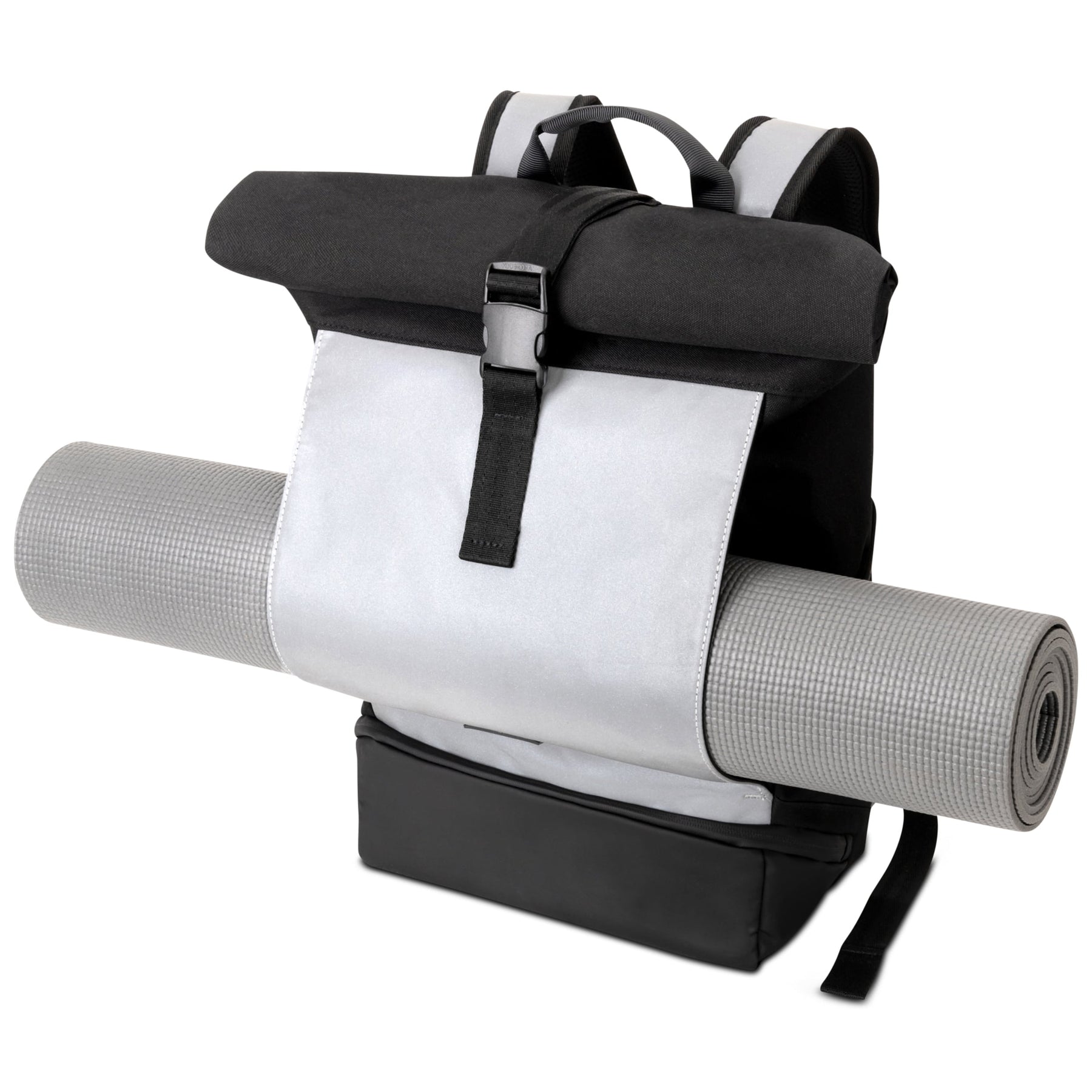 Reflektierender Rolltop Rucksack 'Allen Medium' in Schwarz mit grauer Yoga-Matte an der Halterung