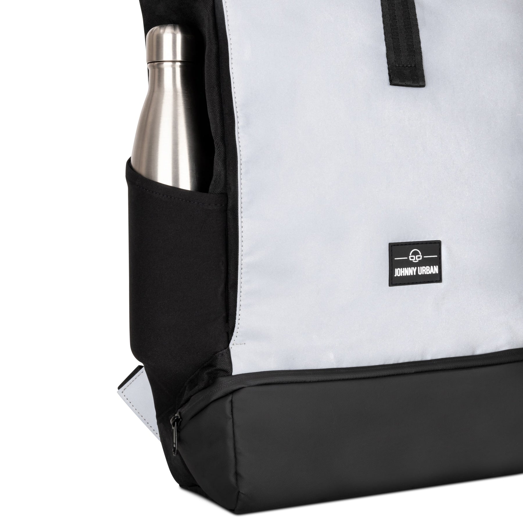 Reflektierender Johnny Urban Rolltop Rucksack 'Allen Large' in Grau und Schwarz mit Flaschenhalter und isolierter Flasche