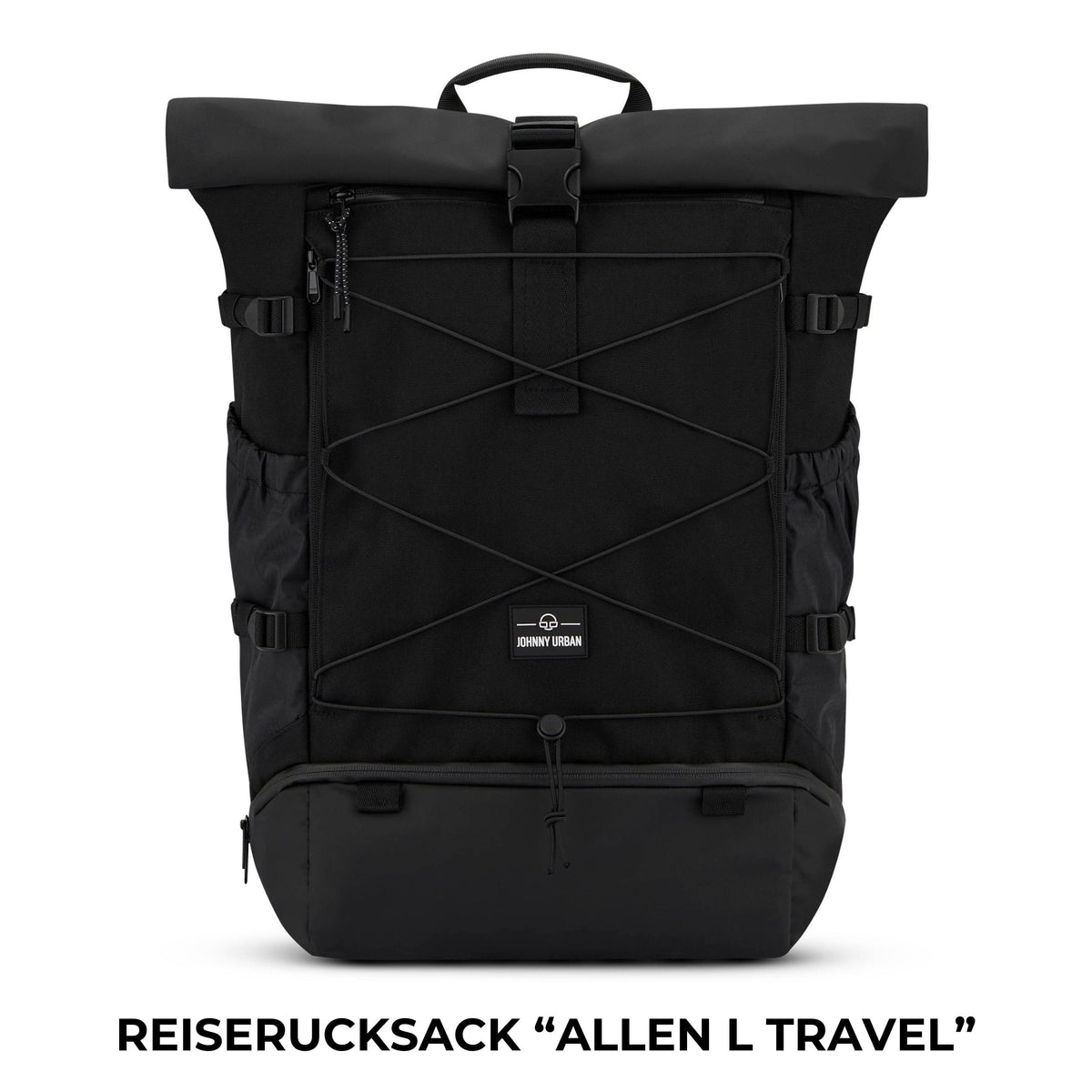 Schwarzer rollbarer Reiserucksack 'Allen L Travel' von Johnny Urban mit Elastikkordel und seitlichen Taschen