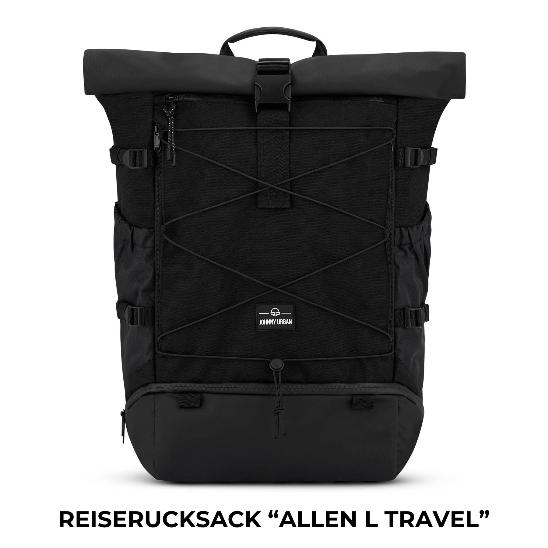 Schwarzer rollbarer Reiserucksack 'Allen L Travel' von Johnny Urban mit Elastikkordel und seitlichen Taschen