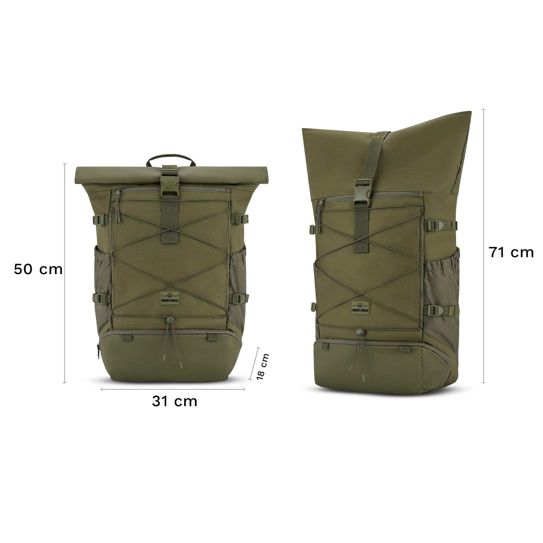 Olivefarbener Reiserucksack Allen Large Travel von Johnny Urban mit Maßen 50x31x18 cm und ausgezogen 71 cm hoch