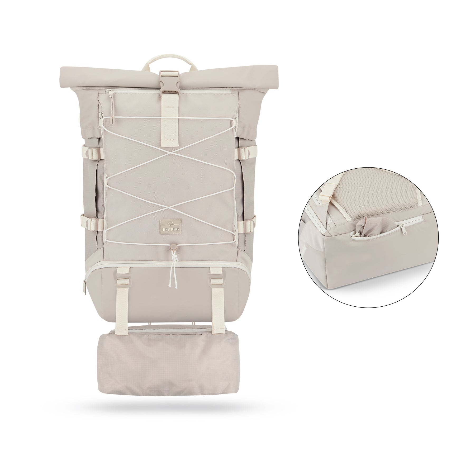Beiger Johnny Urban Reiserucksack Allen XL Travel mit Rolltop, vorderseitigem Gummizug und erweitertem Bodenfach