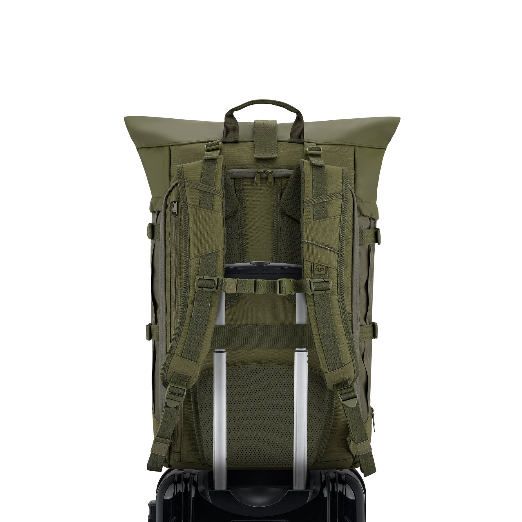 Olivgrüner Reiserucksack Allen XL Travel mit gepolsterten Schultergurten, Rückenpolster und Trolley-Hüllenband auf schwarzem Koffer