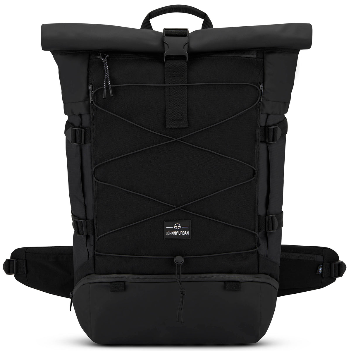 Schwarzer Johnny Urban Reiserucksack Allen XL Travel mit Rolltop und elastischem Netz an der Vorderseite