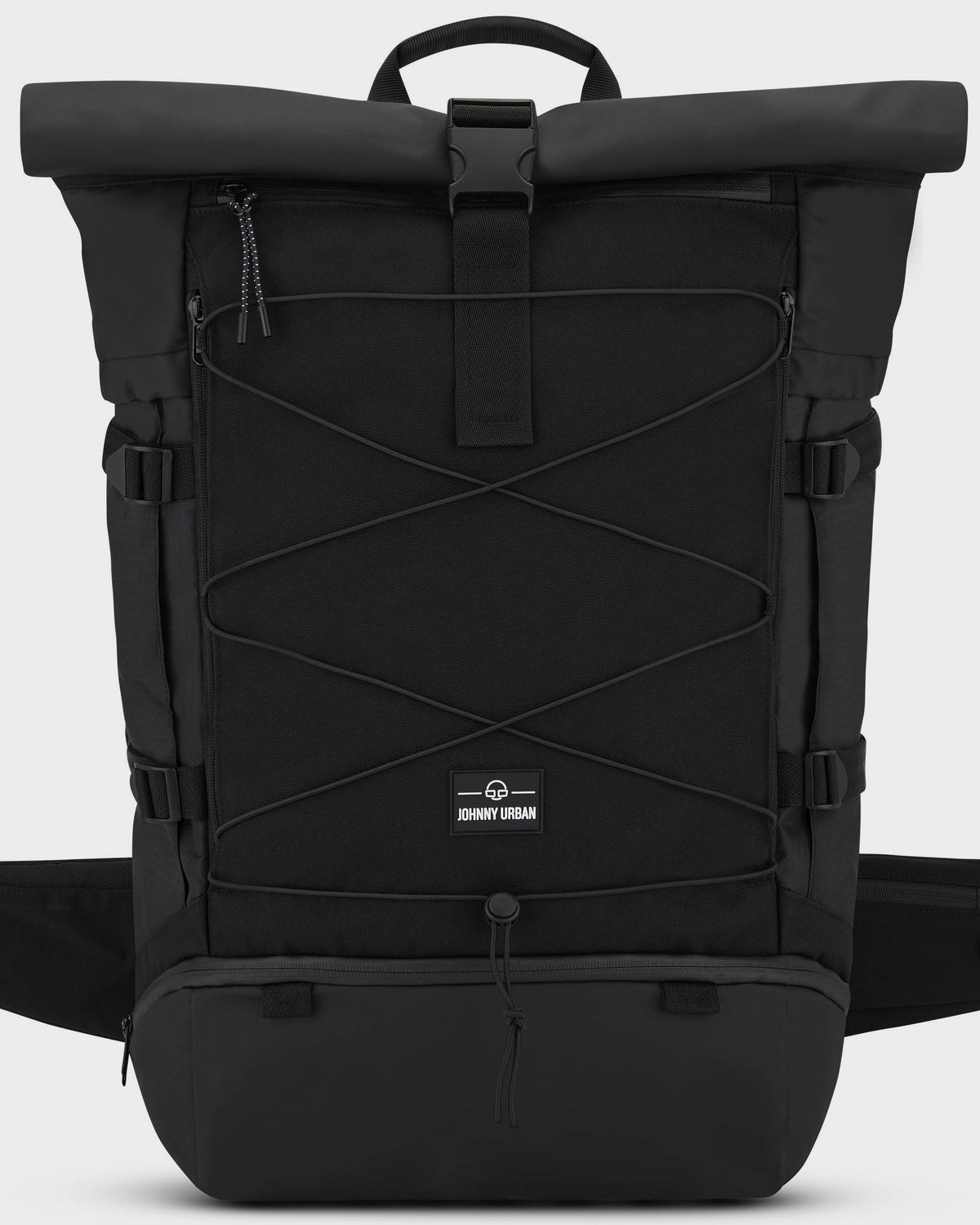 Schwarzer Johnny Urban Reiserucksack Allen XL Travel mit Rolltop und elastischem Netz an der Vorderseite