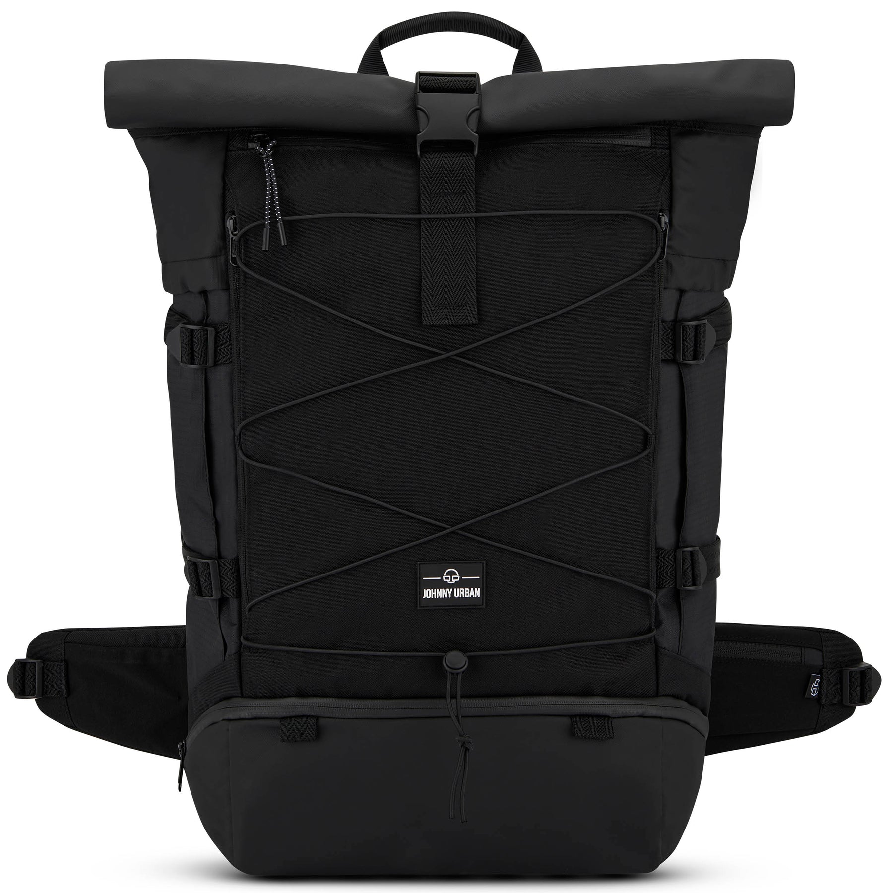 Schwarzer Johnny Urban Reiserucksack Allen XL Travel mit Rolltop und elastischem Netz an der Vorderseite