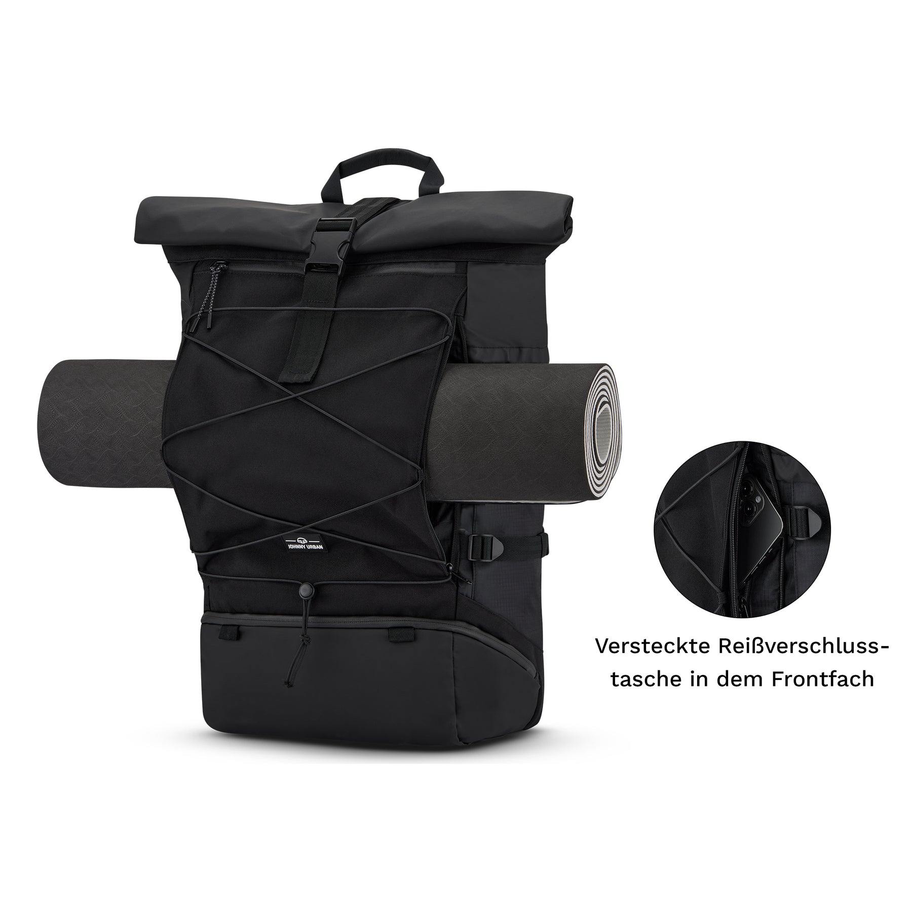 Schwarzer Reiserucksack Allen XL Travel mit aufgerollter Matte vorne und versteckter Reißverschlusstasche