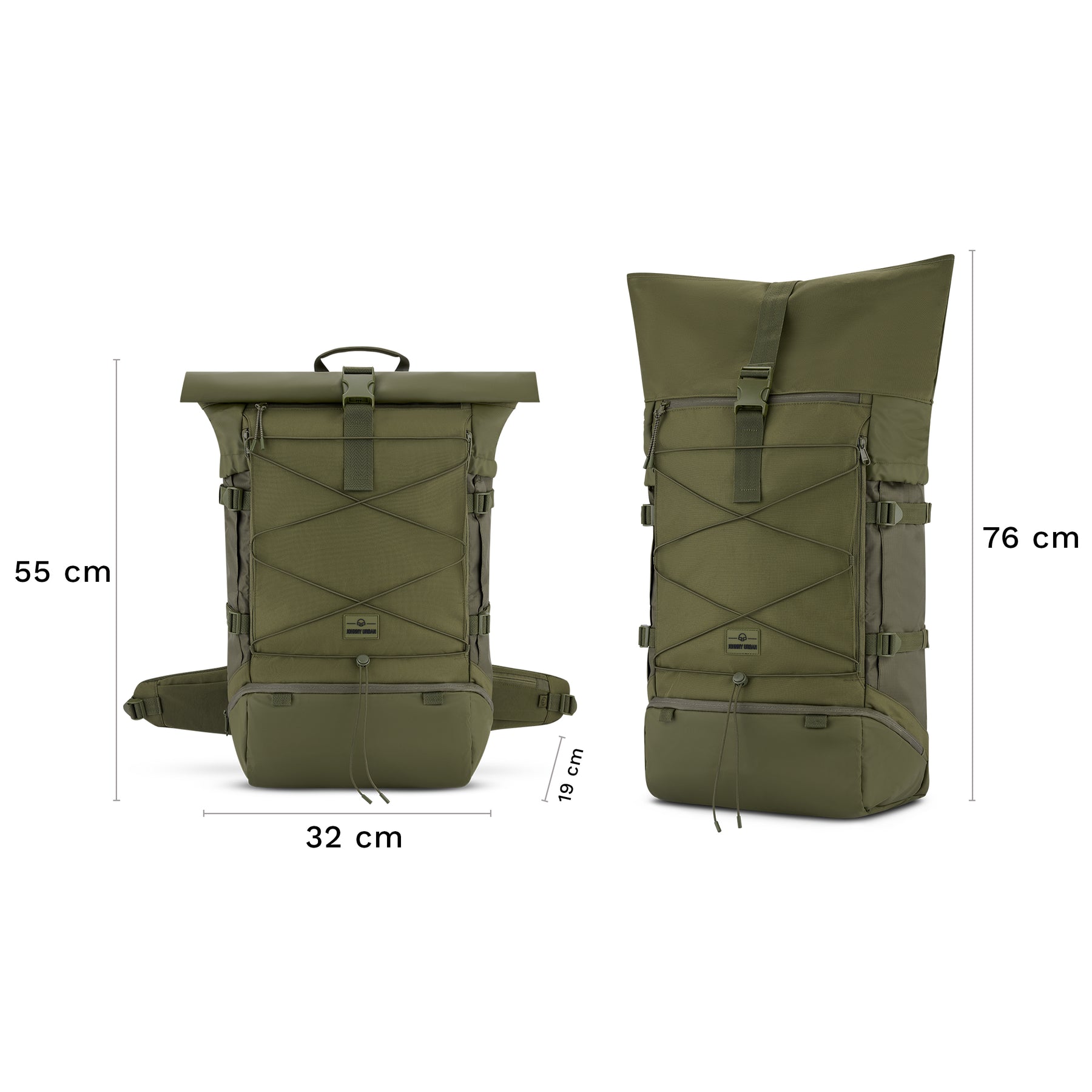 Johnny Urban Reiserucksack Allen XL Travel in olivgrün mit Maßen 55x32x19 cm und 76 cm Höhe aufgeklappt