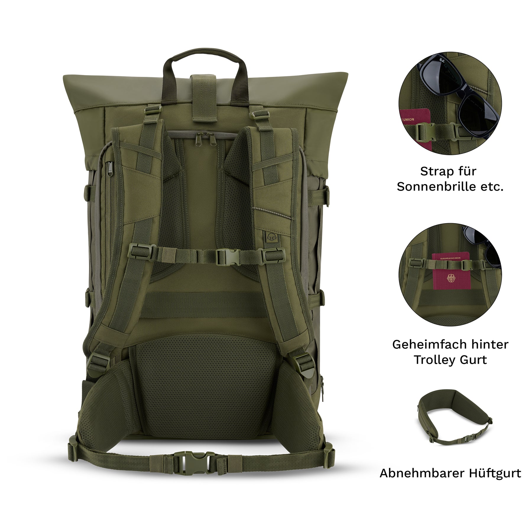 Grüner Johnny Urban Reiserucksack Allen XL Travel mit gepolsterten Schulterriemen, Hüftgurt, Sonnenbrillenhalterung und Geheimfach hinter Trolley-Gurt