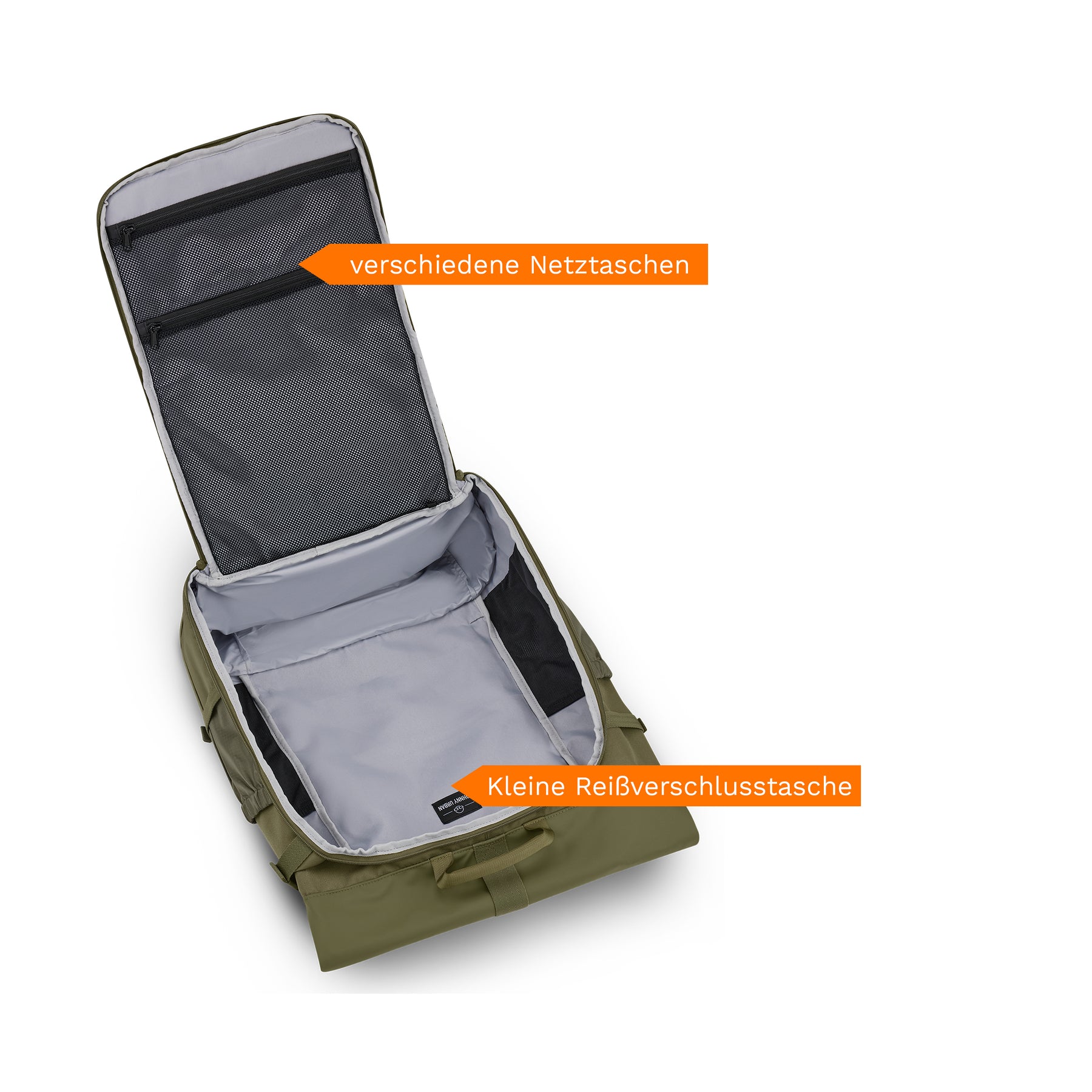 Offener olivgrüner Reiserucksack 'Allen Large Travel' mit grauem Innenfutter, verschiedenen Netztaschen im Deckel und kleiner Reißverschlusstasche