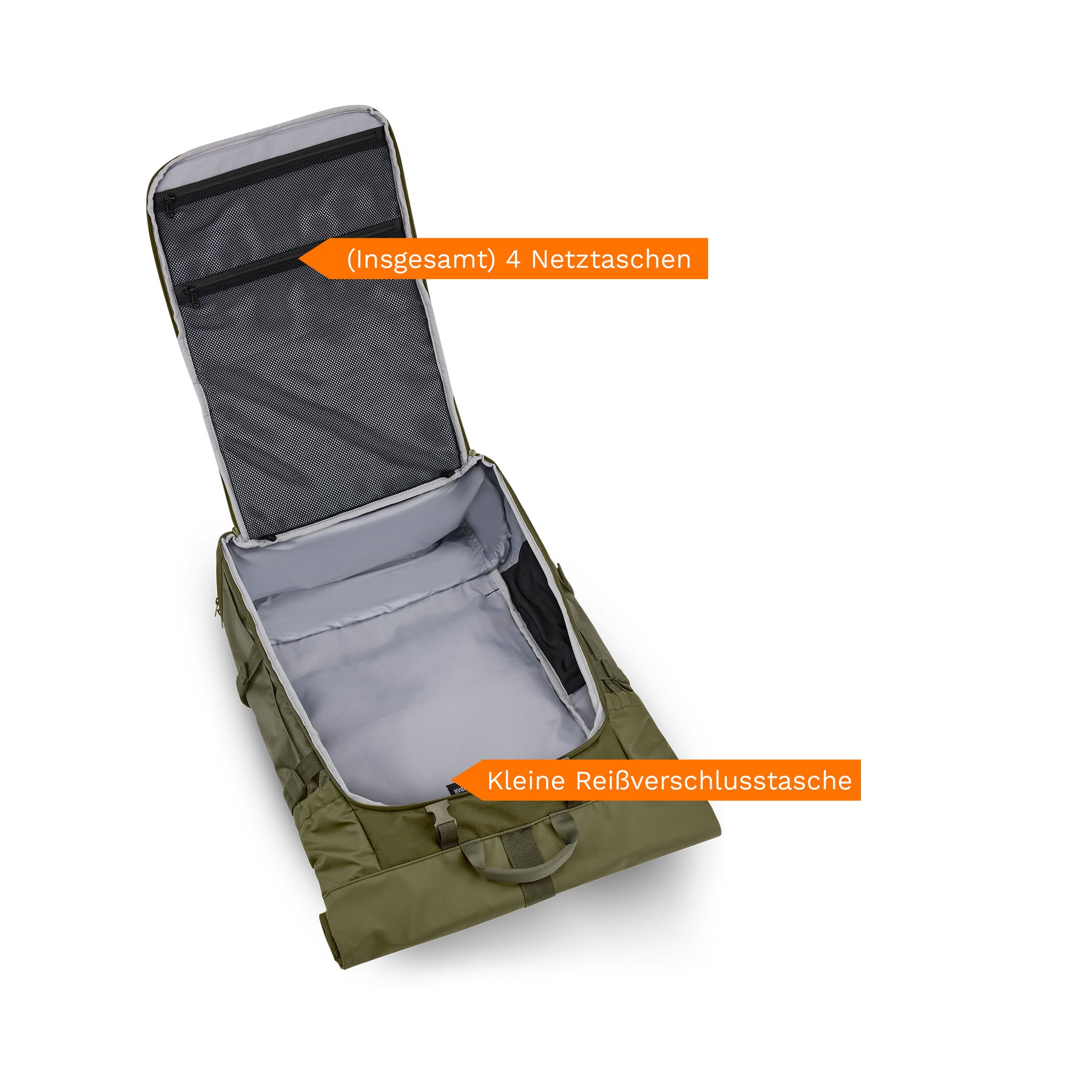 Olivefarbener Reiserucksack 'Allen XL Travel' geöffnet, mit 4 Netztaschen im Deckel und kleiner Reißverschlusstasche innen