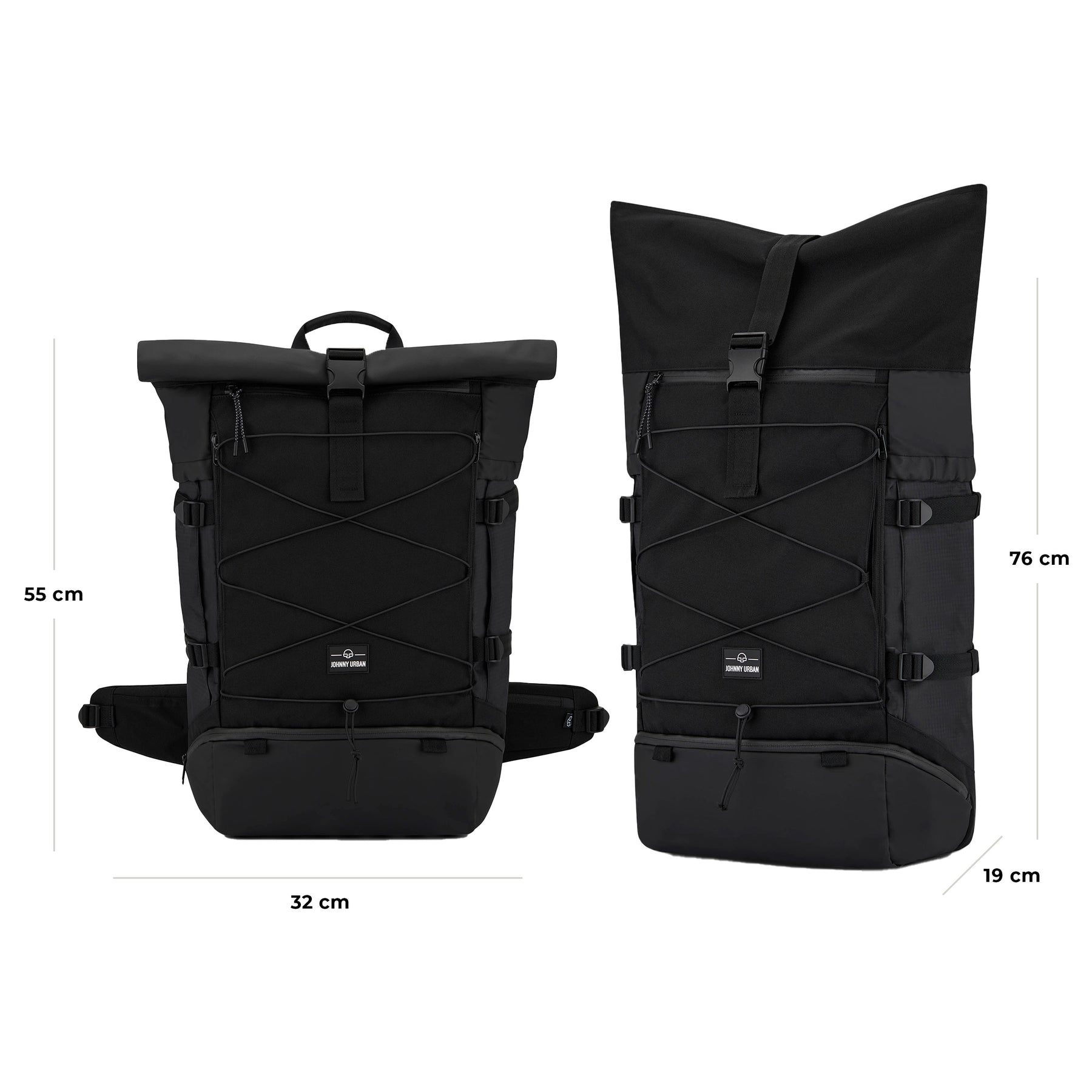 Schwarzer Reiserucksack Allen XL Travel von Johnny Urban mit Maßen 55x32x19 cm und 76x32x19 cm