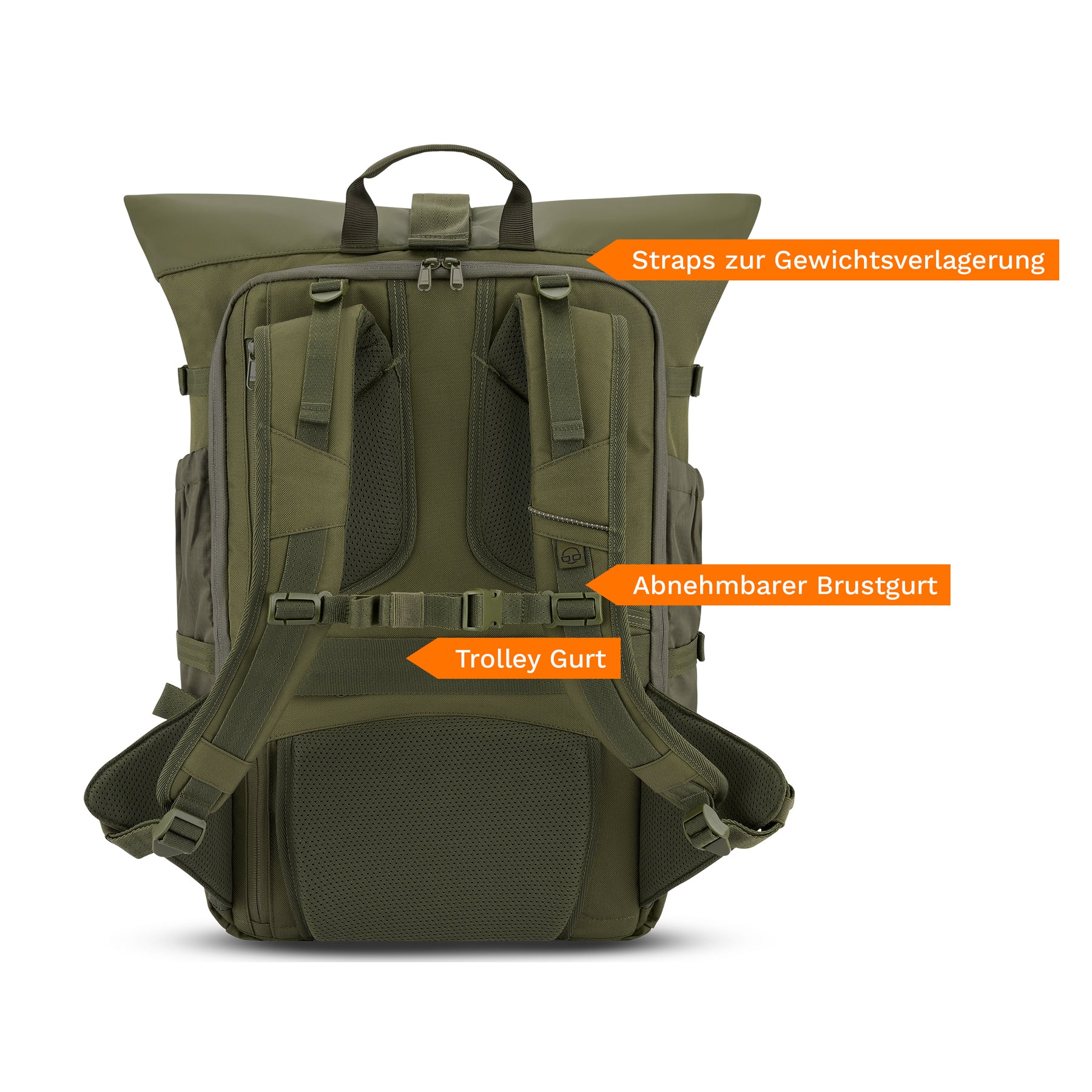 Grüner Reiserucksack 'Allen Large Travel' mit ergonomischem Rückensystem und Beschriftungen zu Gewichtsverlagerungs-Straps, abnehmbarem Brustgurt und Trolley-Gurt