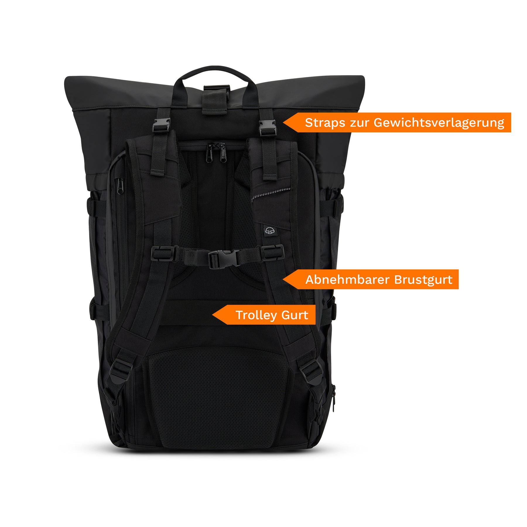 Schwarzer Johnny Urban Reiserucksack Allen XL Travel mit ergonomischem Design und Beschriftungen zu Straps zur Gewichtsverlagerung, abnehmbarem Brustgurt und Trolley Gurt