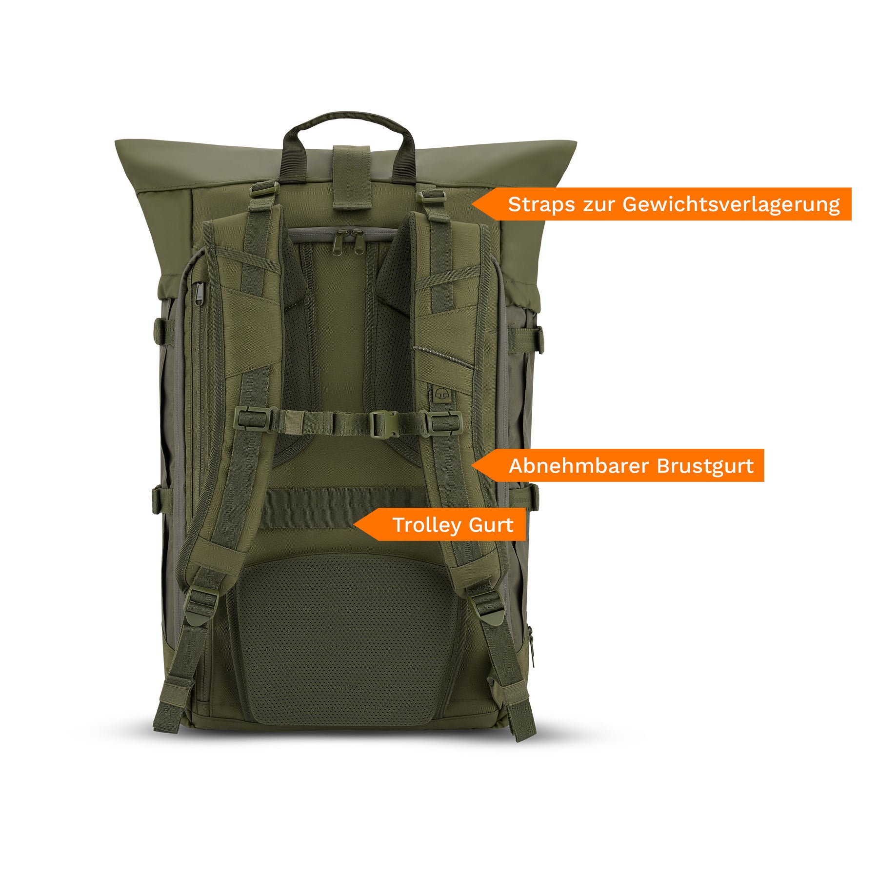 Rückansicht des olivgrünen Reiserucksacks 'Allen XL Travel' mit gepolsterten verstellbaren Schultergurten, abnehmbarem Brustgurt und Trolley-Gurt