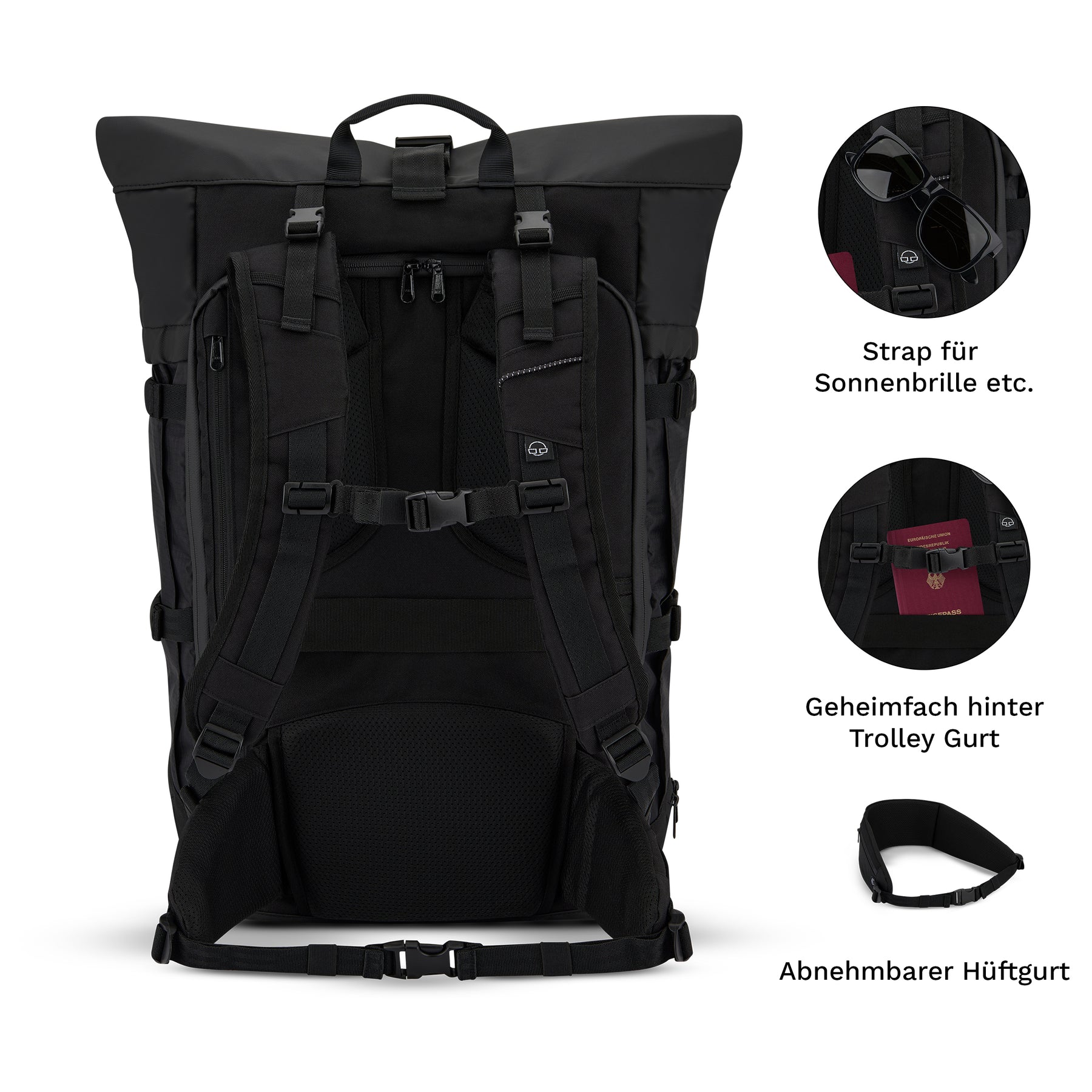 Schwarzer Reiserucksack Allen XL Travel mit gepolsterten Schulterriemen, Abnehmbarem Hüftgurt, Sonnenbrillenhalter und Geheimfach hinter Trolley-Gurt