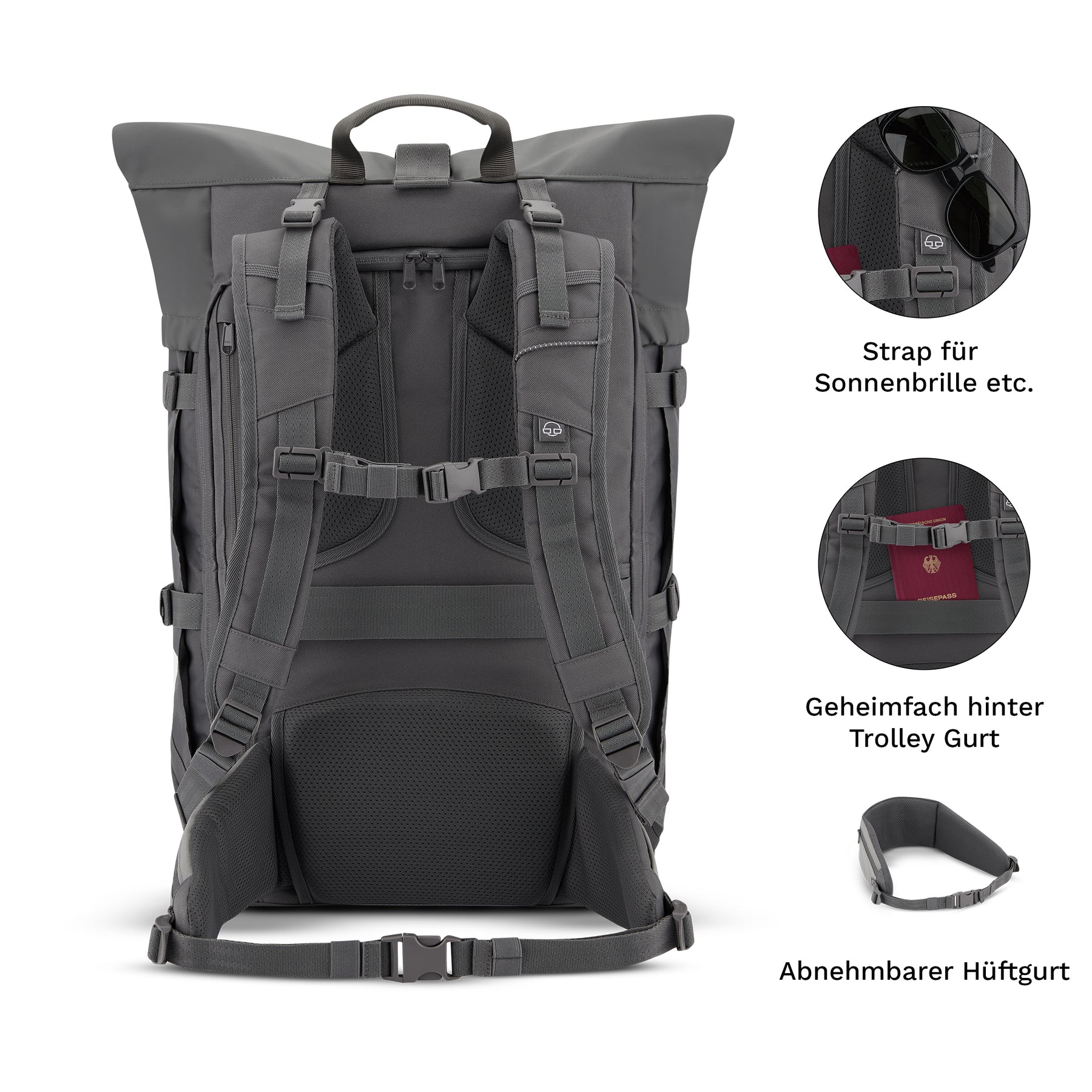 Rückansicht des dunkelgrauen Johnny Urban Reiserucksacks Allen XL Travel mit gepolsterten Schultergurten und Hüftgurt