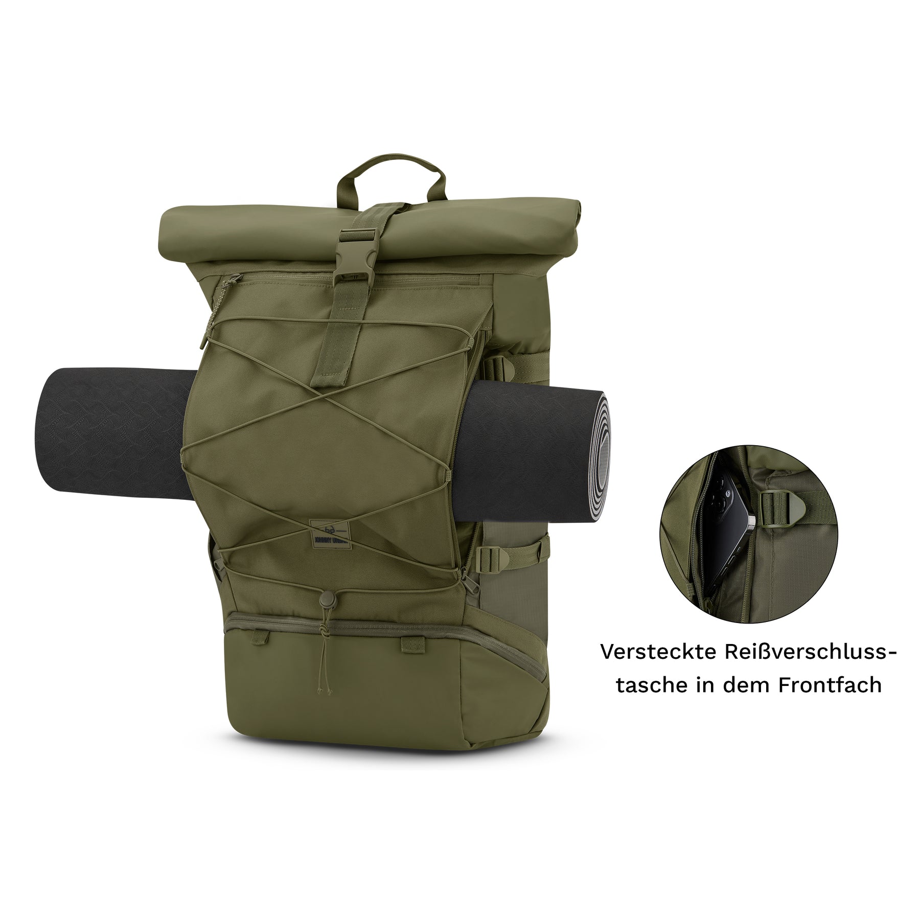 Reiserucksack Allen XL Travel in Oliv mit aufgerollter Matte und versteckter Reißverschlusstasche im Frontfach