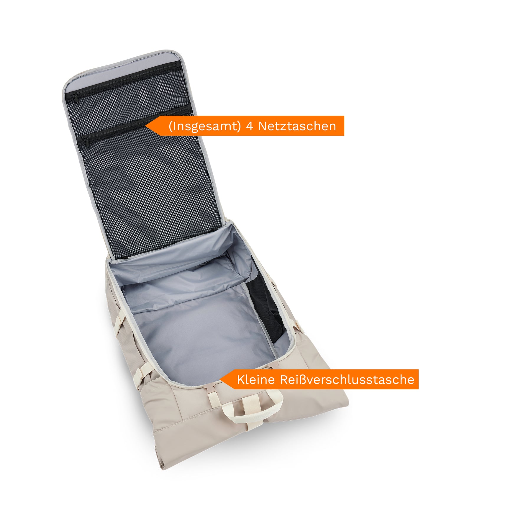 Reiserucksack Allen XL Travel geöffnet mit 4 Netztaschen im Deckelfach und kleiner Reißverschlusstasche innen