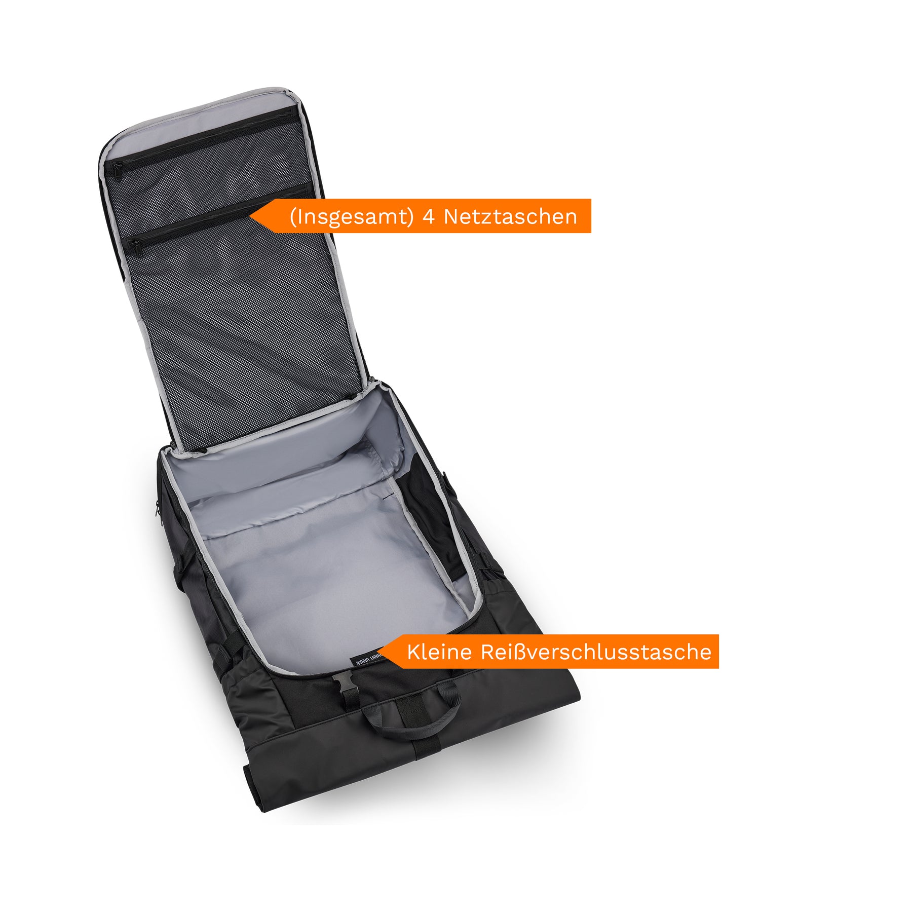 Offener schwarzer Reiserucksack Allen XL Travel mit 4 Netztaschen im Deckel und kleiner Reißverschlusstasche
