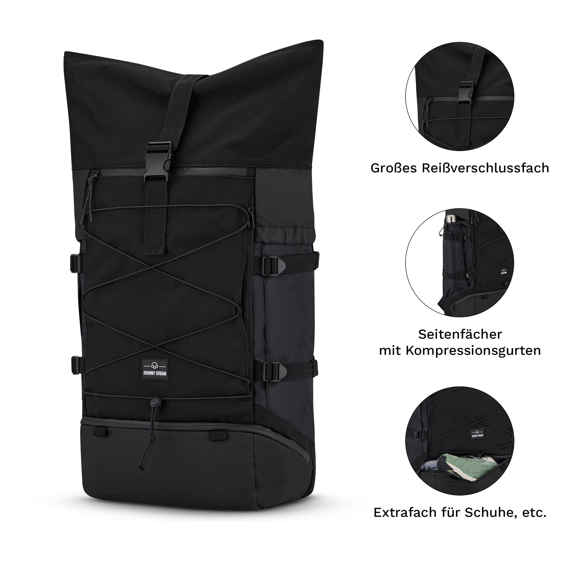 Großer schwarzer Reiserucksack Johnny Urban Allen XL Travel mit Reißverschlussfach, Seitenfächern mit Kompressionsgurten und Schuhfach