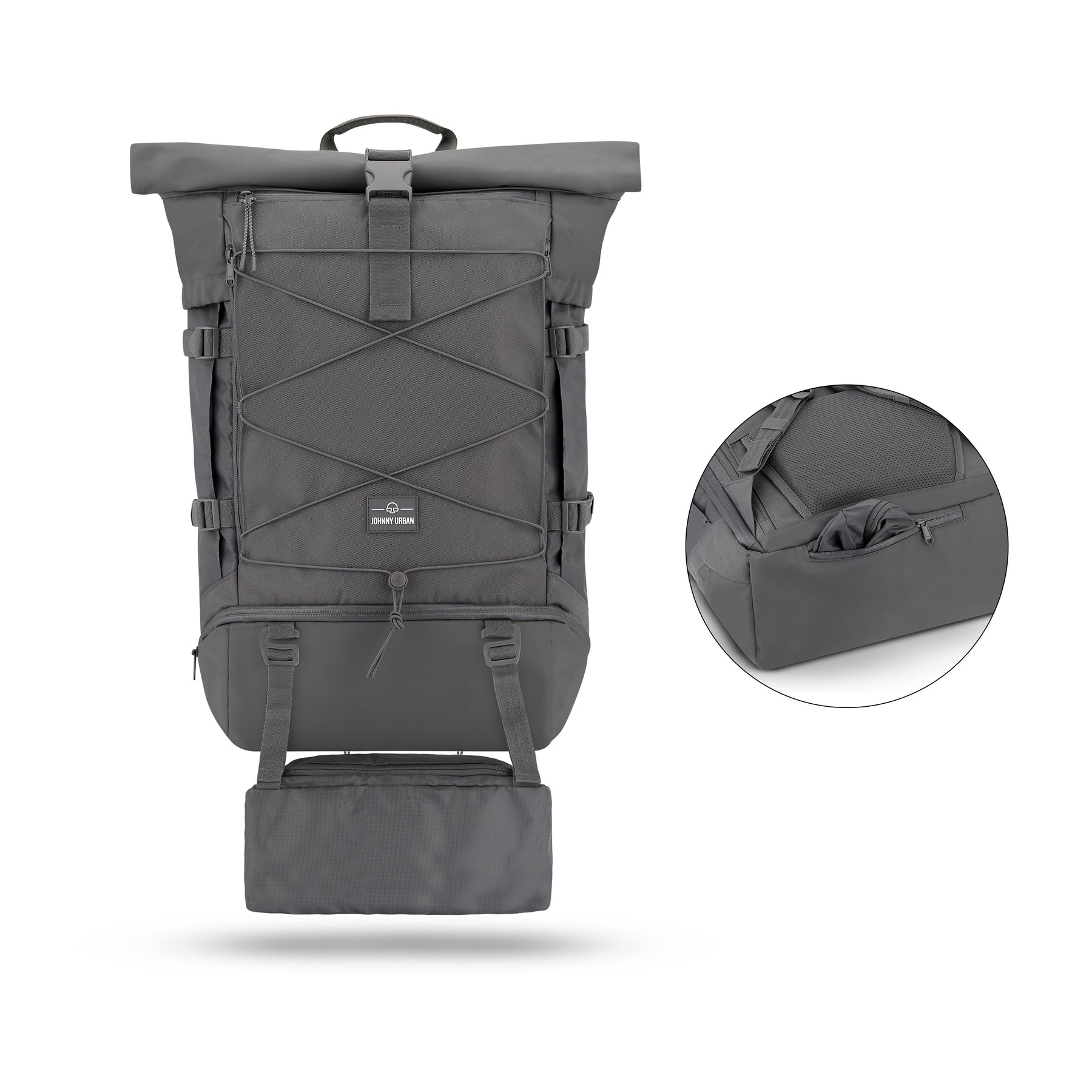 Dunkelgrauer Johnny Urban Reiserucksack Allen XL Travel mit zusätzlicher Tasche unten und vorderer Kordel