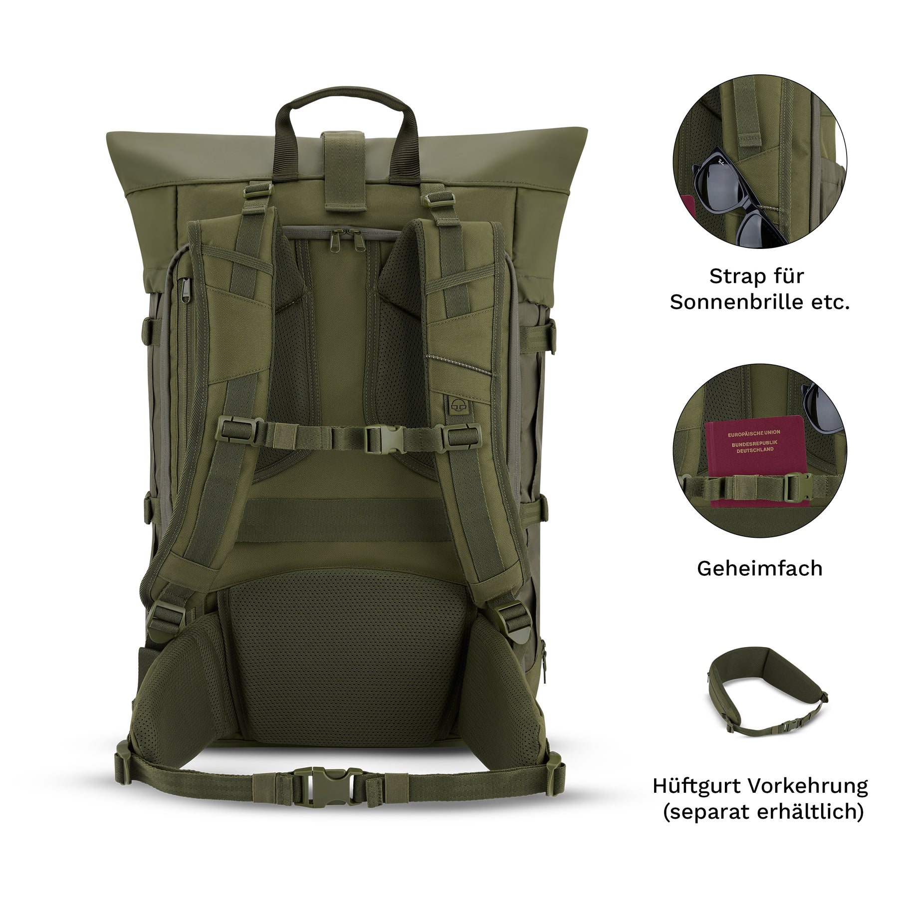 Rückansicht des olivgrünen Reiserucksacks 'Allen Large Travel' mit gepolsterten Schulterriemen, Geheimfach und optionalem Hüftgurt.
