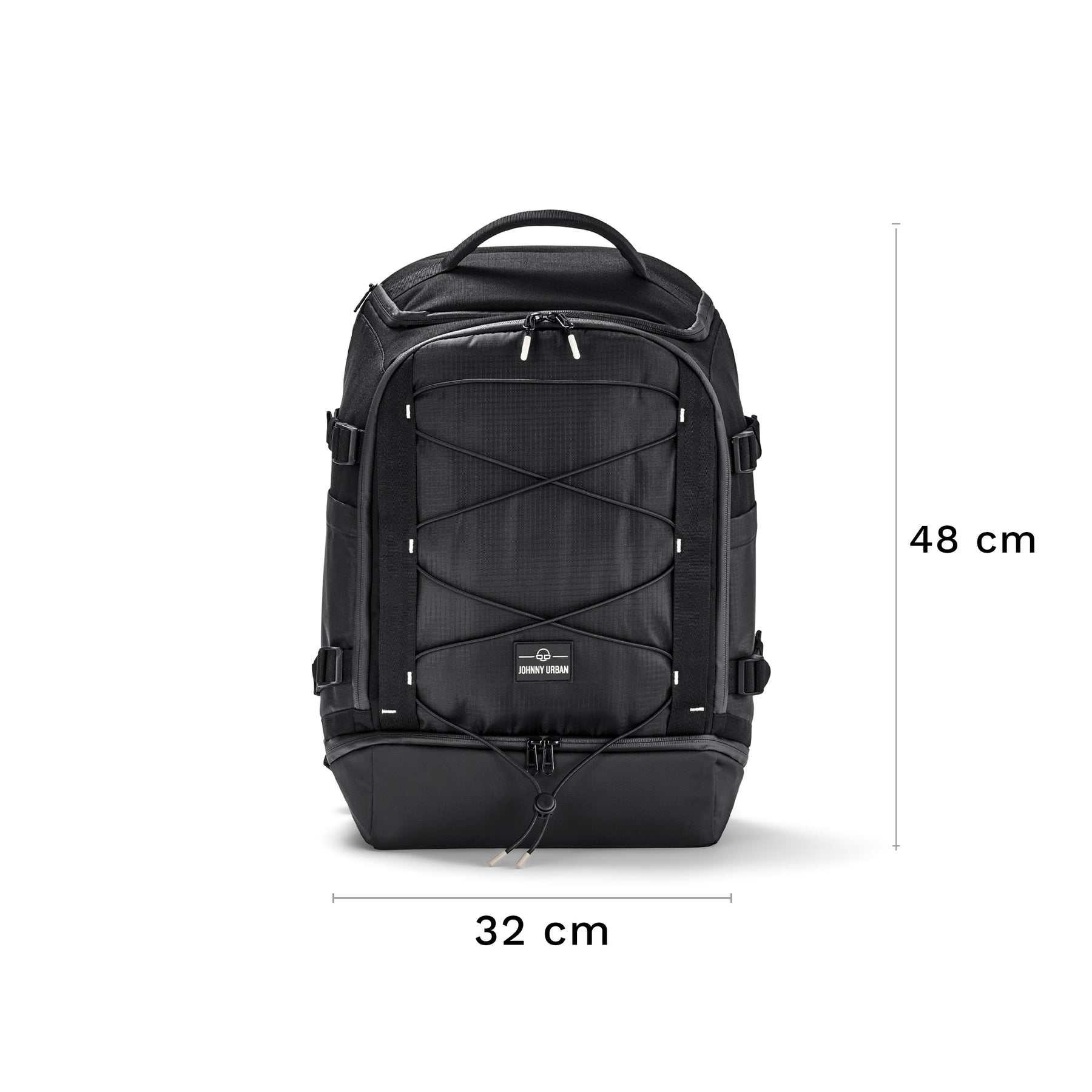 Schwarzer Reiserucksack 'Jack' von Johnny Urban mit Schnürung und Maßen 48x32 cm