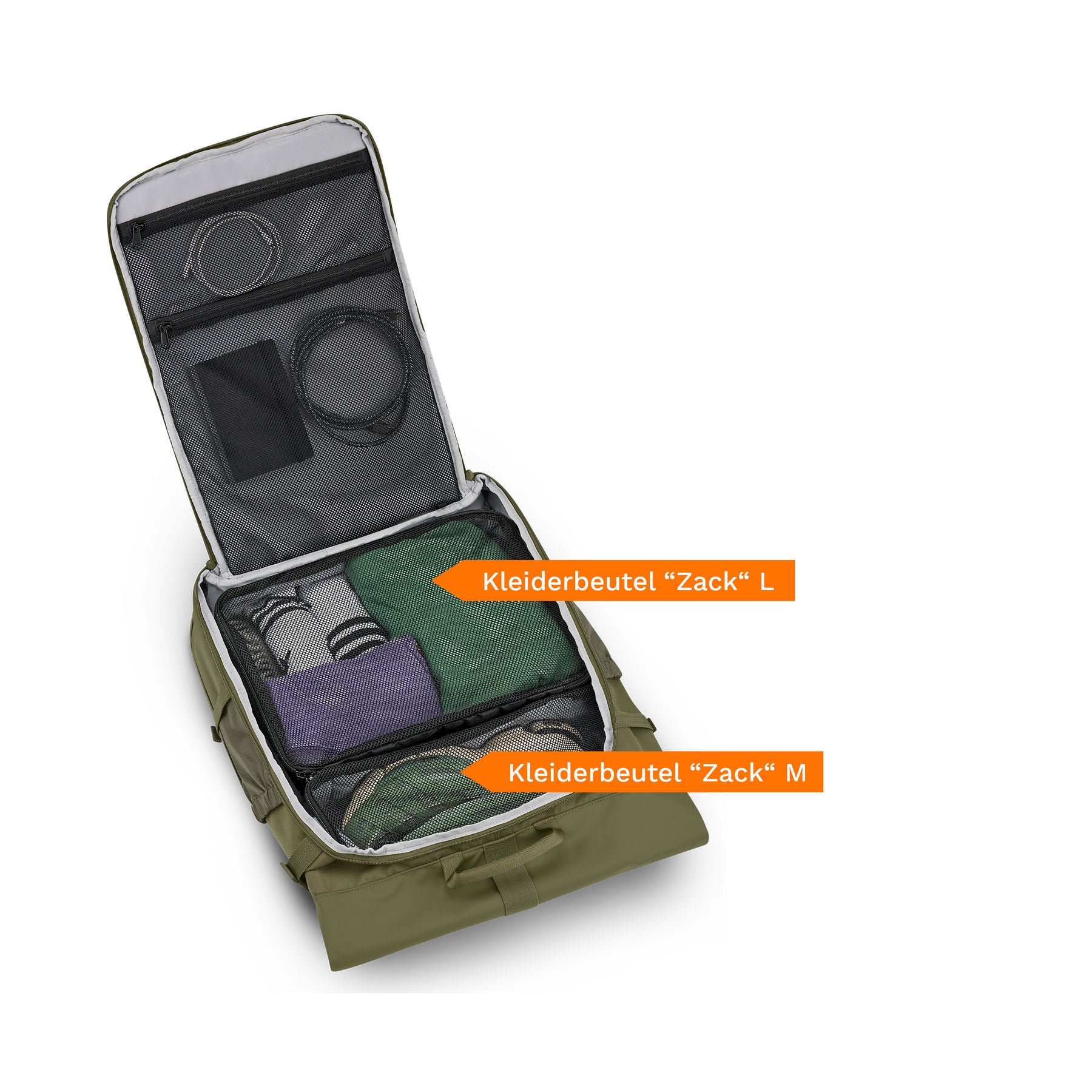Reiserucksack 'Allen Large Travel' in Olivgrün geöffnet, zeigt zwei Kleidertaschen 'Zack' in Größe L und M mit gepackter Kleidung