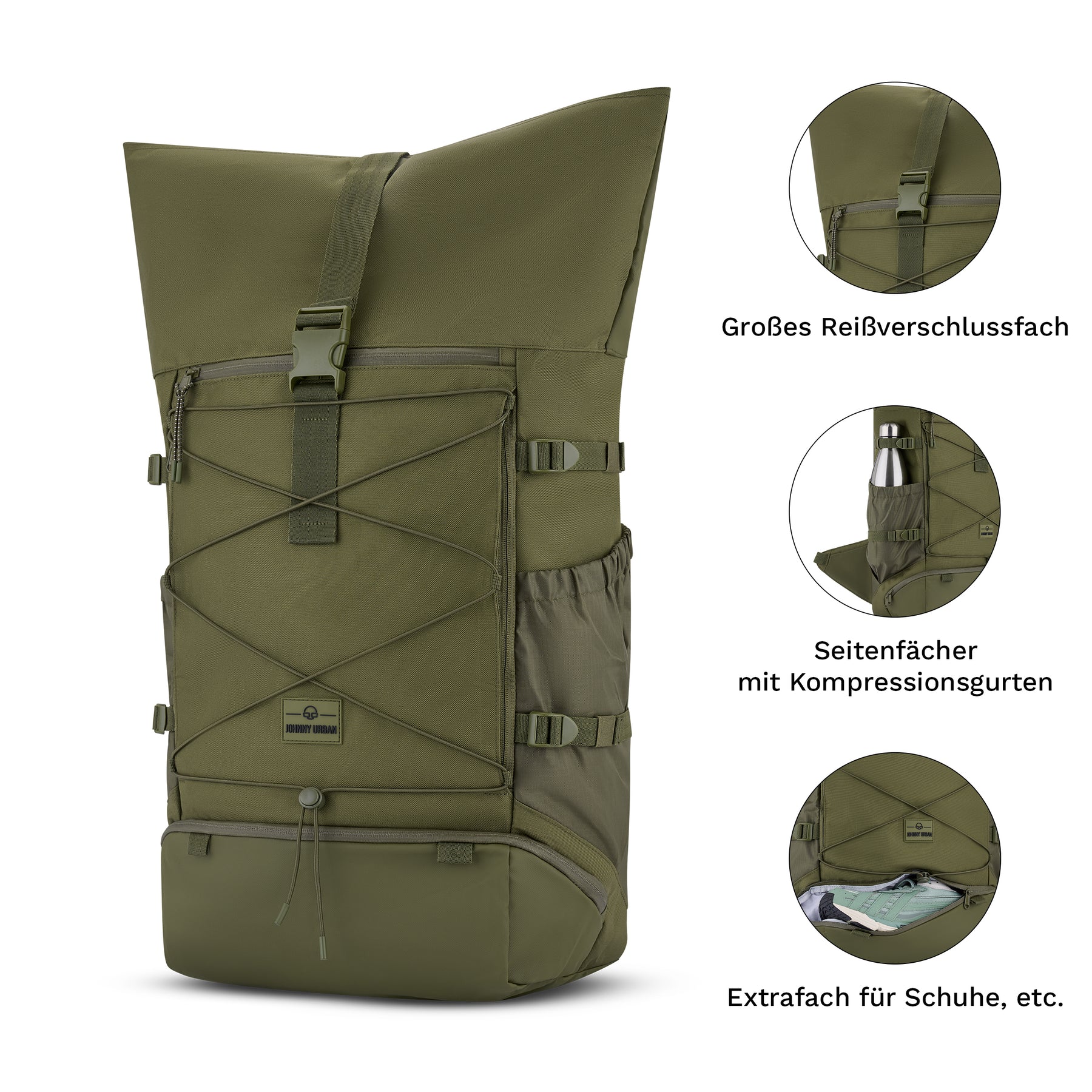 Olivegrüner Reiserucksack 'Allen Large Travel' mit großem Reißverschlussfach, seitlichen Kompressionsgurten und separatem Schuhfach