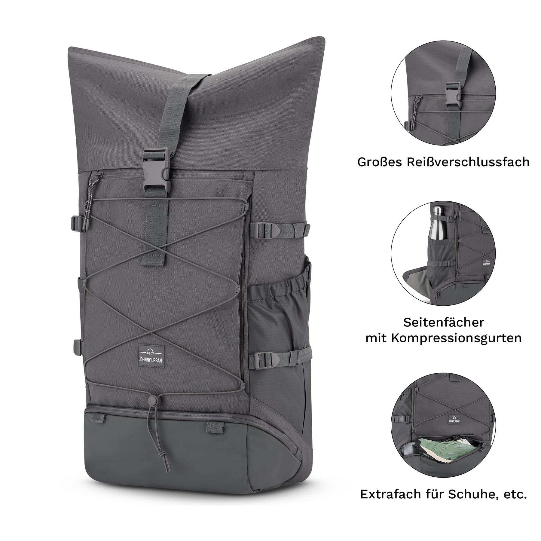 Grauer Reiserucksack 'Allen Large Travel' von Johnny Urban mit großem Reißverschlussfach, Seitenfächern und extra Schuhfach
