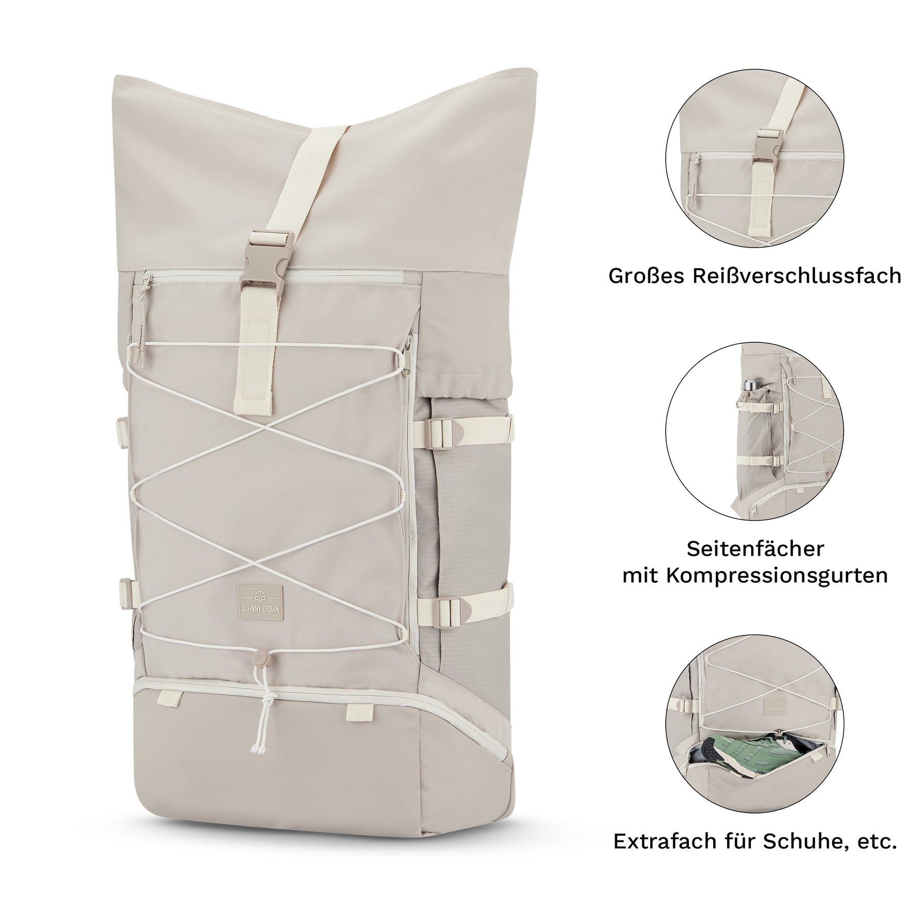 Beiger Johnny Urban Reiserucksack Allen XL Travel mit vielen Fächern, Kompressionsgurten und separatem Schuhfach