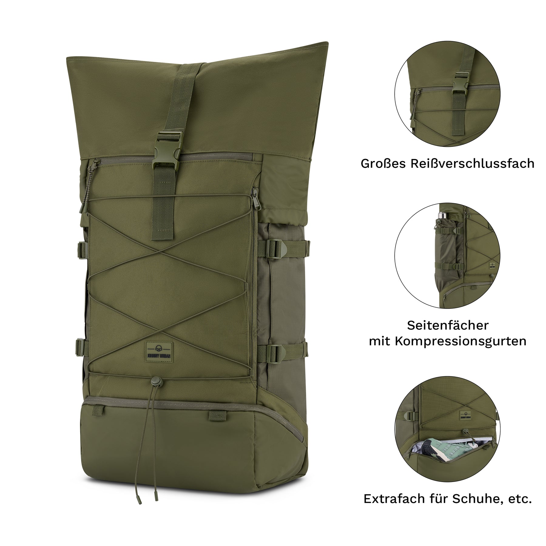 Olivefarbener Reiserucksack Johnny Urban Allen XL Travel mit großem Reißverschlussfach, Seitenfächern mit Kompressionsgurten und Extrafach für Schuhe