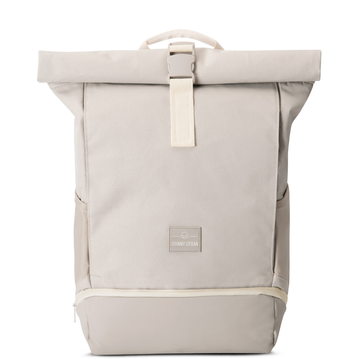 Beiger Rolltop-Rucksack "Allen Medium" von Johnny Urban mit Frontverschluss und Reißverschlusstasche unten