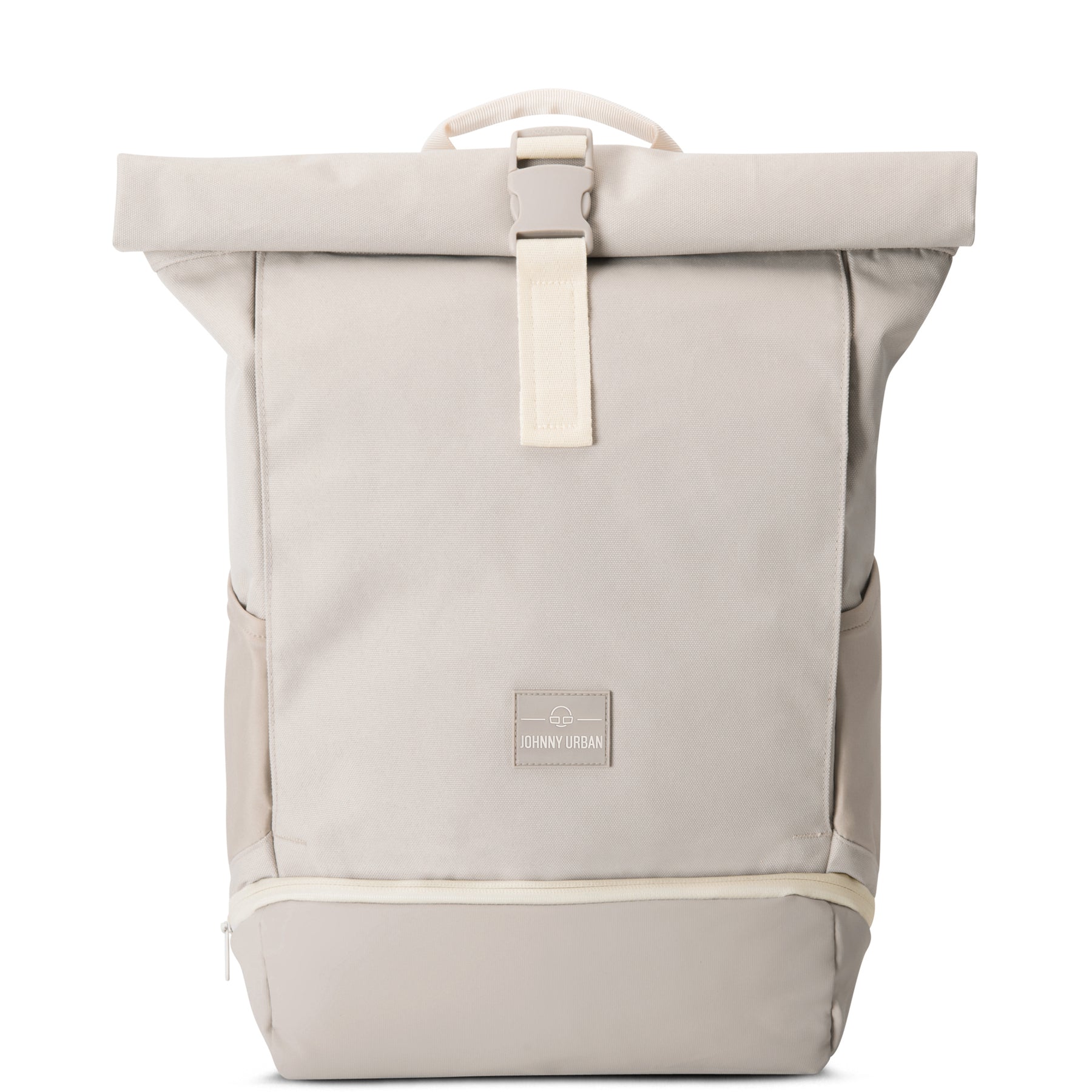 Beiger Rolltop-Rucksack "Allen Medium" von Johnny Urban mit Frontverschluss und Reißverschlusstasche unten