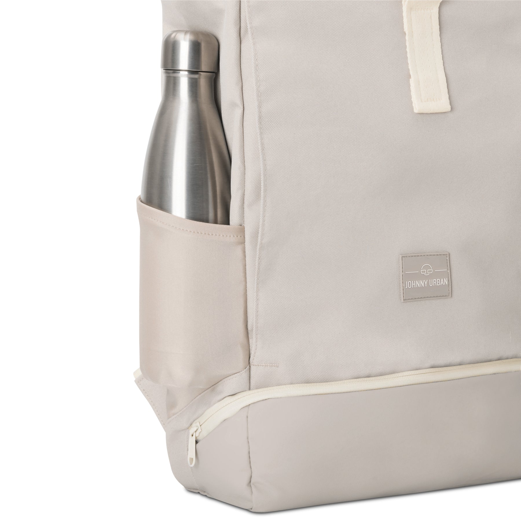 Beiger Rolltop-Rucksack 'Allen Medium' mit Seitentasche und silberner Trinkflasche