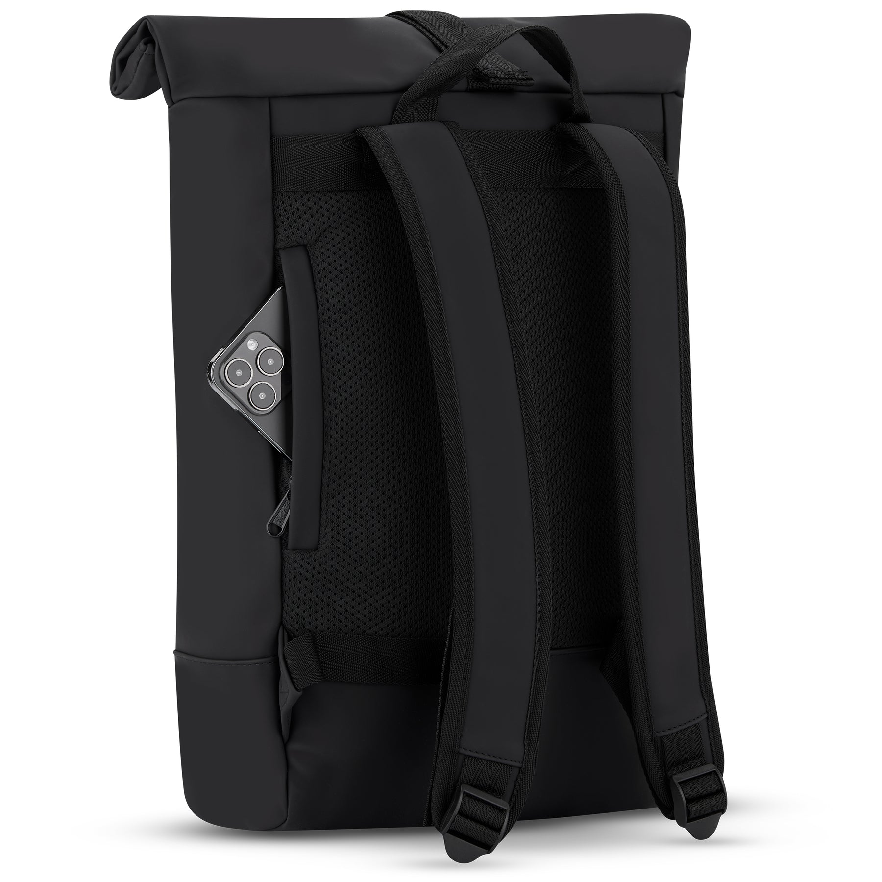 Schwarzer Rolltop-Rucksack "Harvey Medium" mit gepolsterten Trägern und seitlicher Reißverschlusstasche mit Smartphone