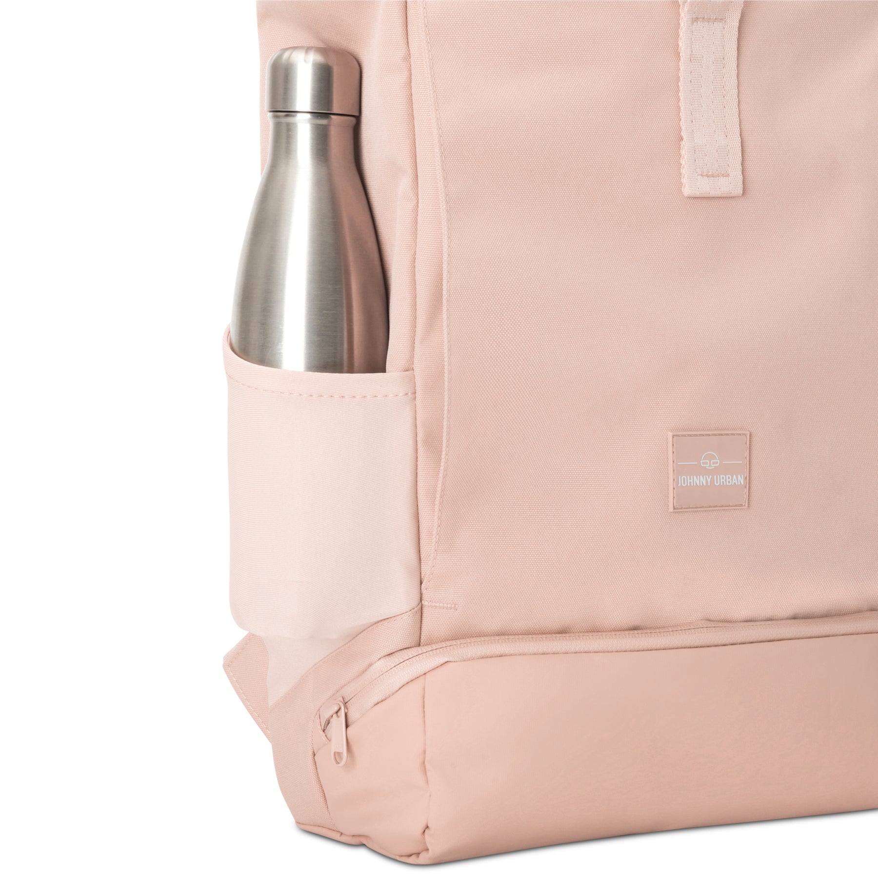 Rosa Rolltop-Rucksack 'Allen Medium' mit seitlicher Tasche und silberner Trinkflasche