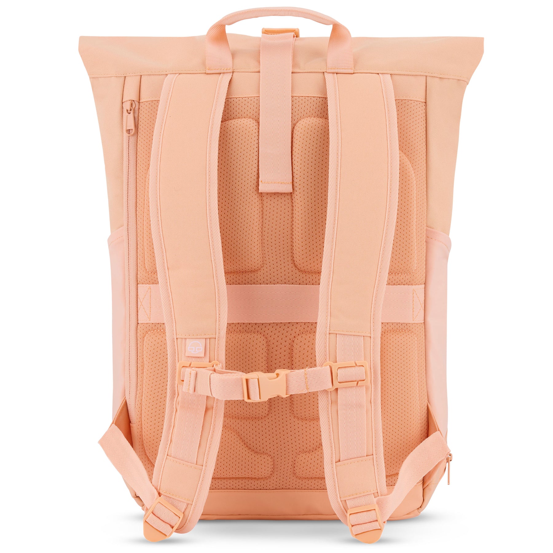 Rückseite des Rolltop Rucksacks 'Allen Large' in Pfirsich mit gepolsterten Rücken- und Schultergurten